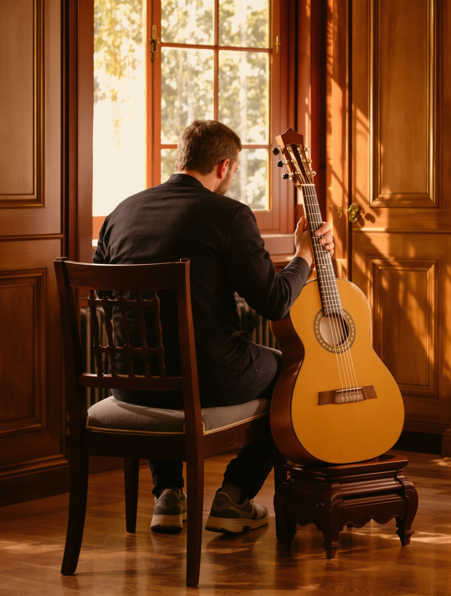 Guitariste classique assis confortablement dans un intérieur chaleureux, pied gauche posé sur un repose-pied en bois élégant.