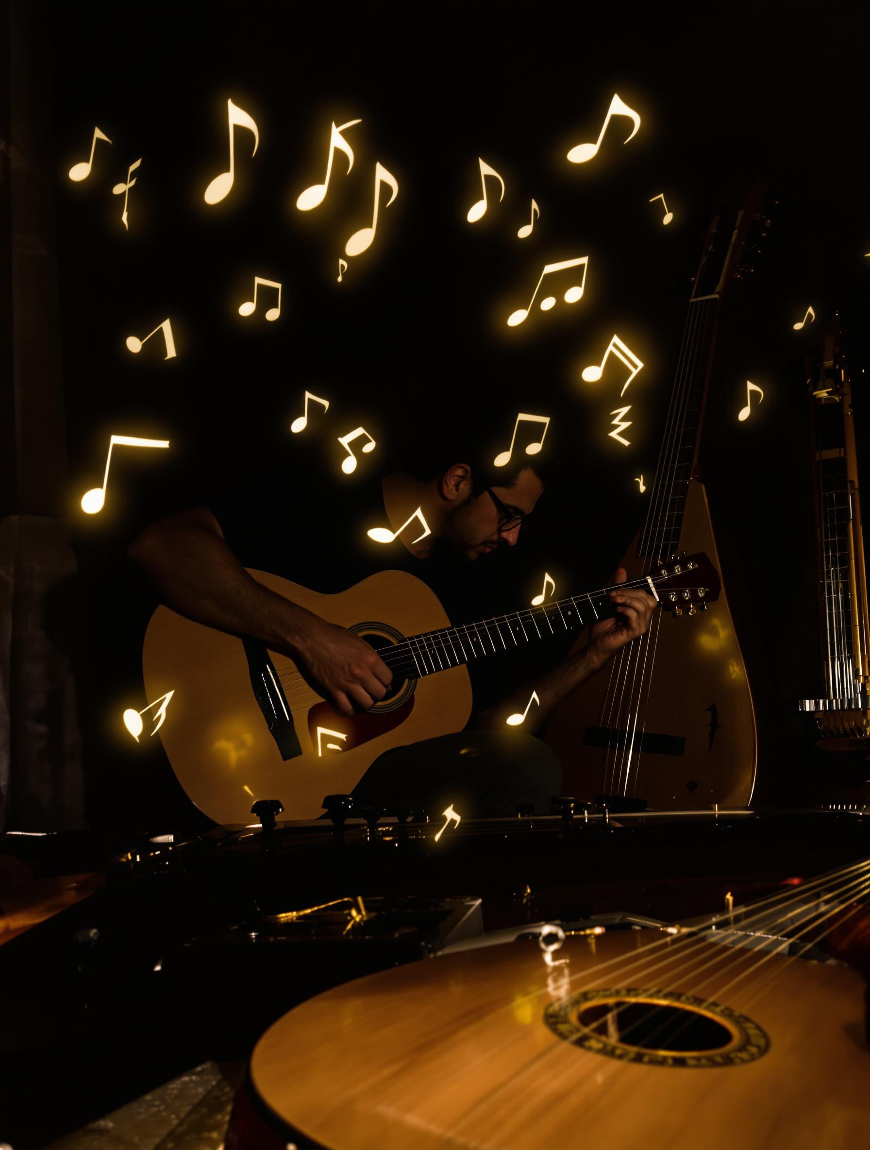 Guitariste entouré d'instruments orientaux et de notations avec quarts de ton