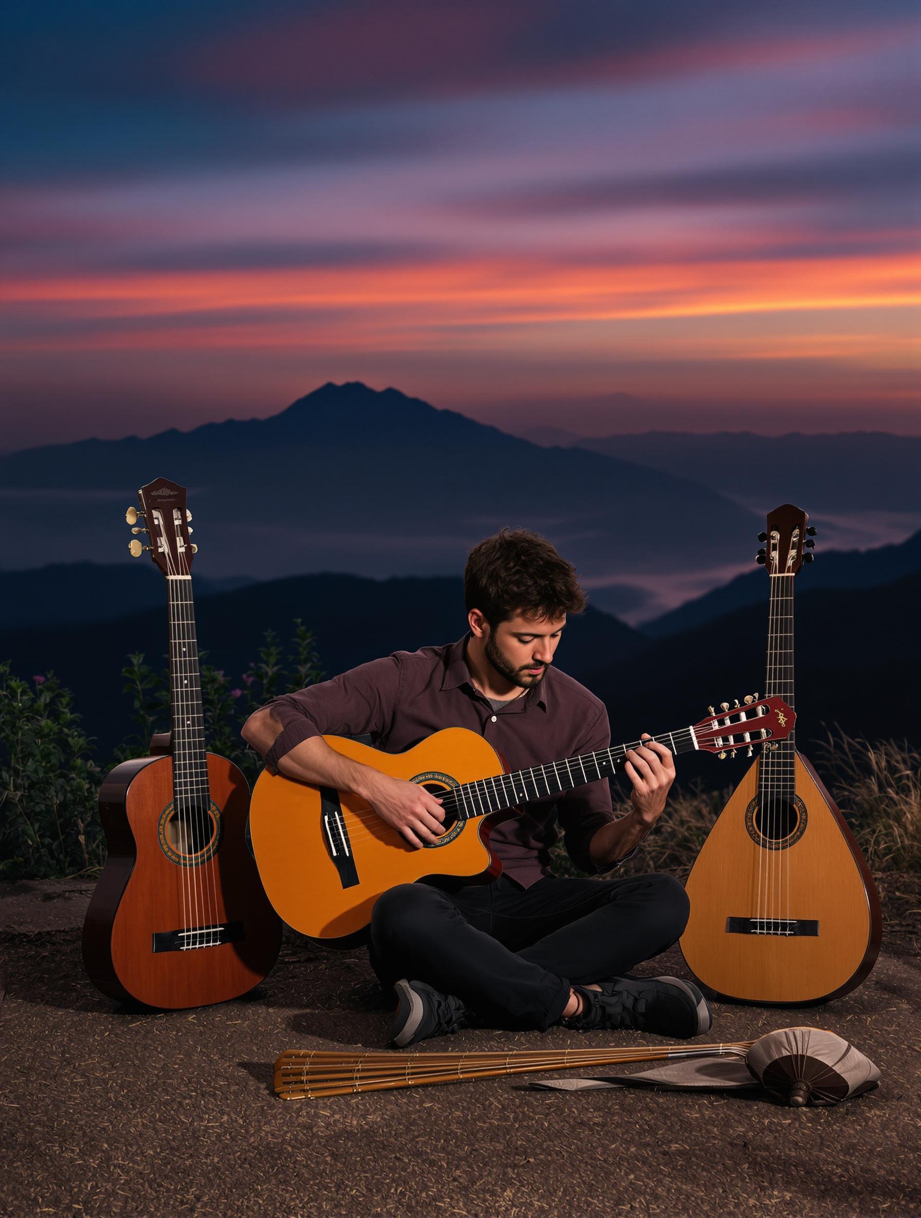 Guitariste explorant différentes cordes sur sa guitare classique, entouré d’instruments du monde au crépuscule