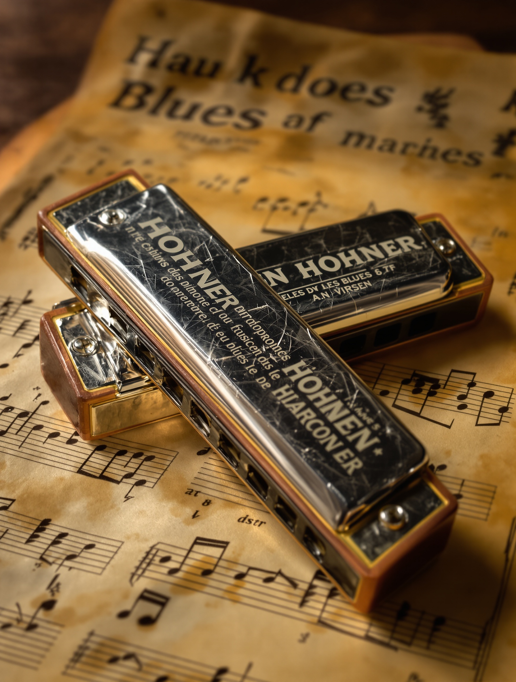 Un harmonica diatonique posé sur une partition de blues symbolisant simplicité et richesse musicale