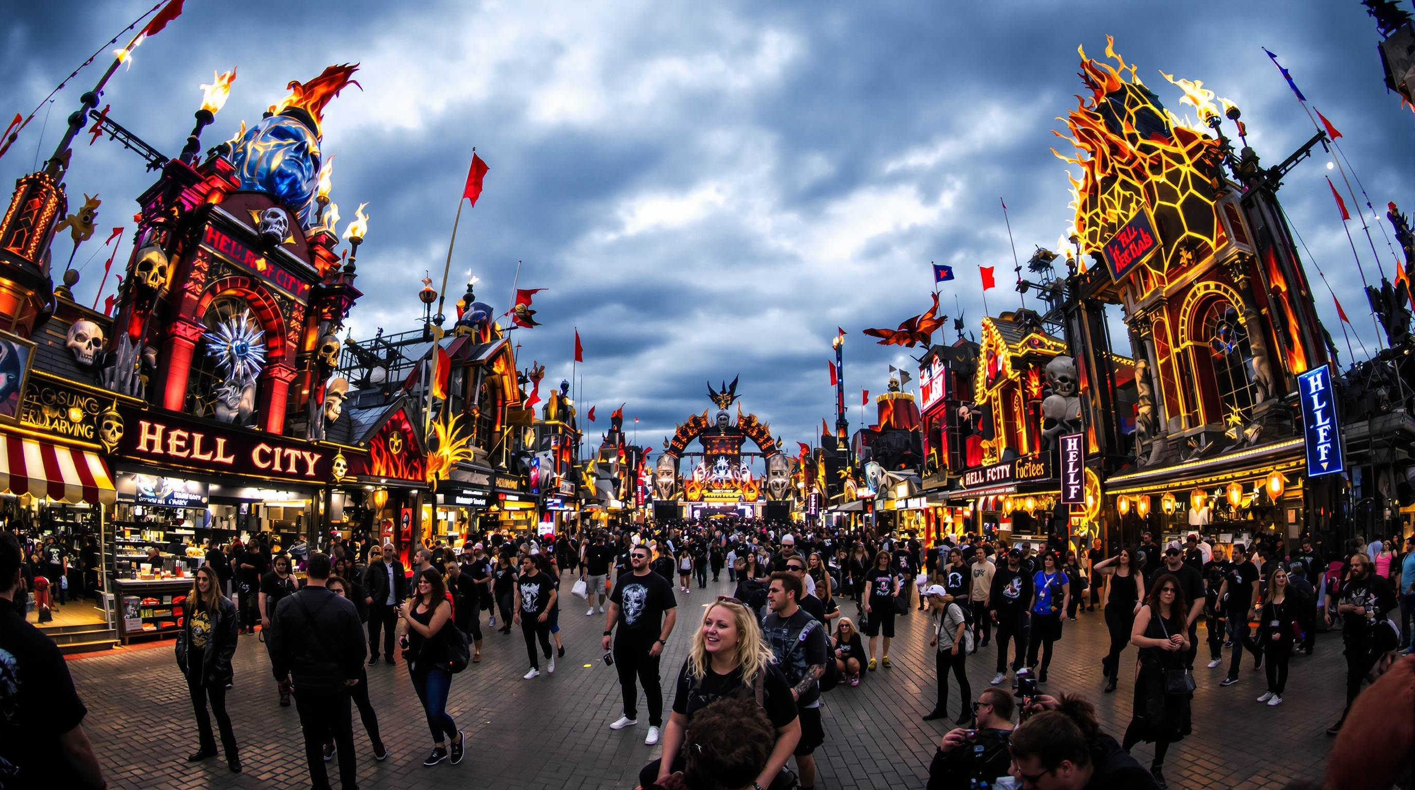 Animation Hell City Hellfest 2022 avec stands, décorations et festivaliers