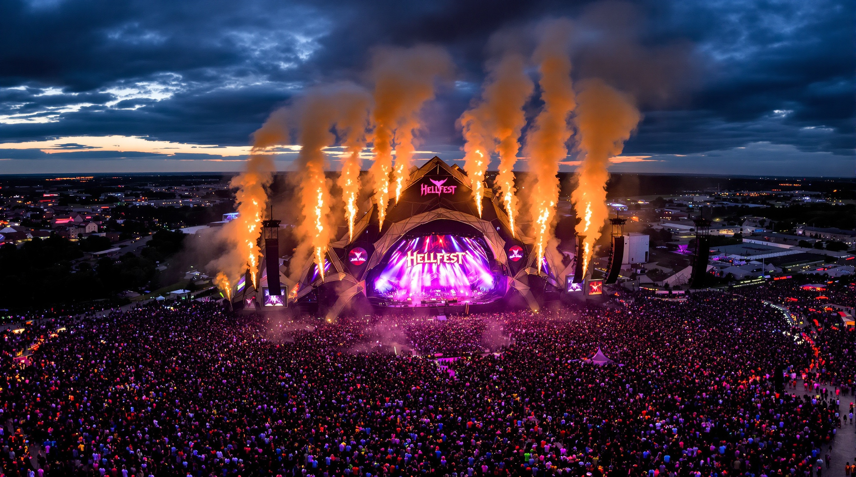 Foule immense au Hellfest devant une scène au crépuscule