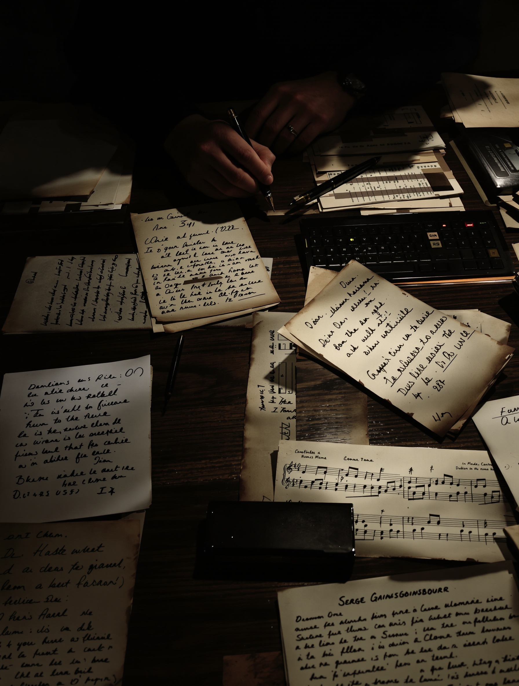 Héritier face à partitions musicales et documents patrimoniaux, évoquant la gestion de l'héritage Serge Gainsbourg.