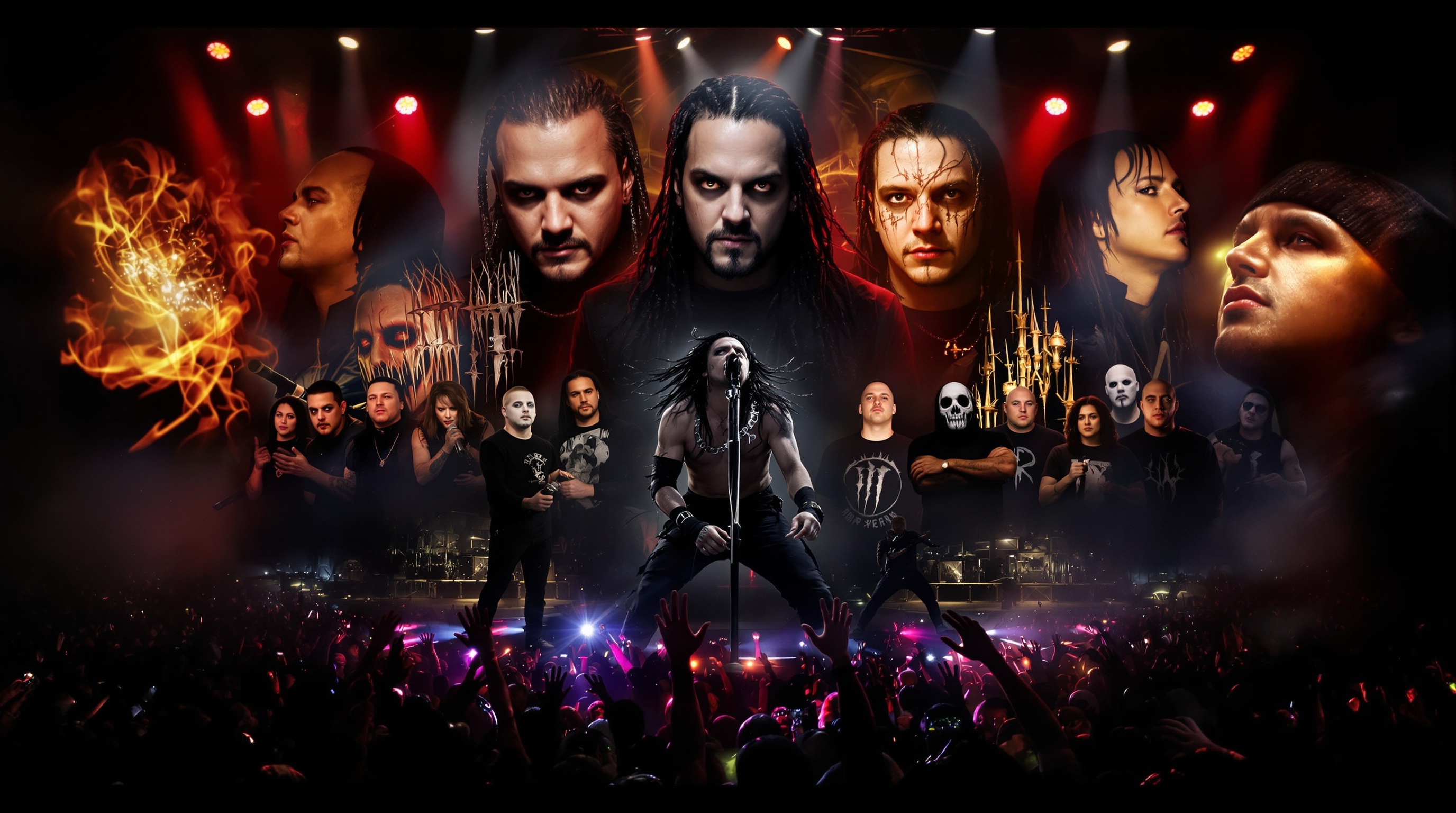 Montage visuel représentant Jonathan Davis, entouré de membres influencés (Linkin Park, Slipknot, Papa Roach), posture énergique, ambiance sombre génération nu-metal.