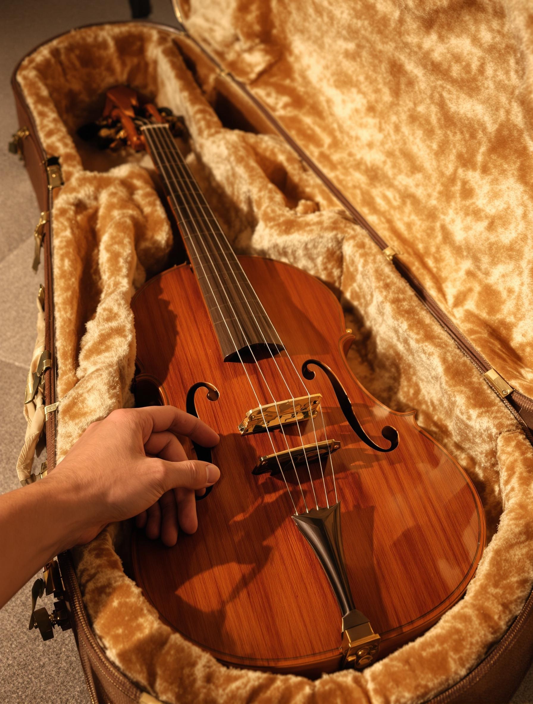 Instrument ancien protégé dans écrin feutré lumière douce main posée sur étui sérénité assurance