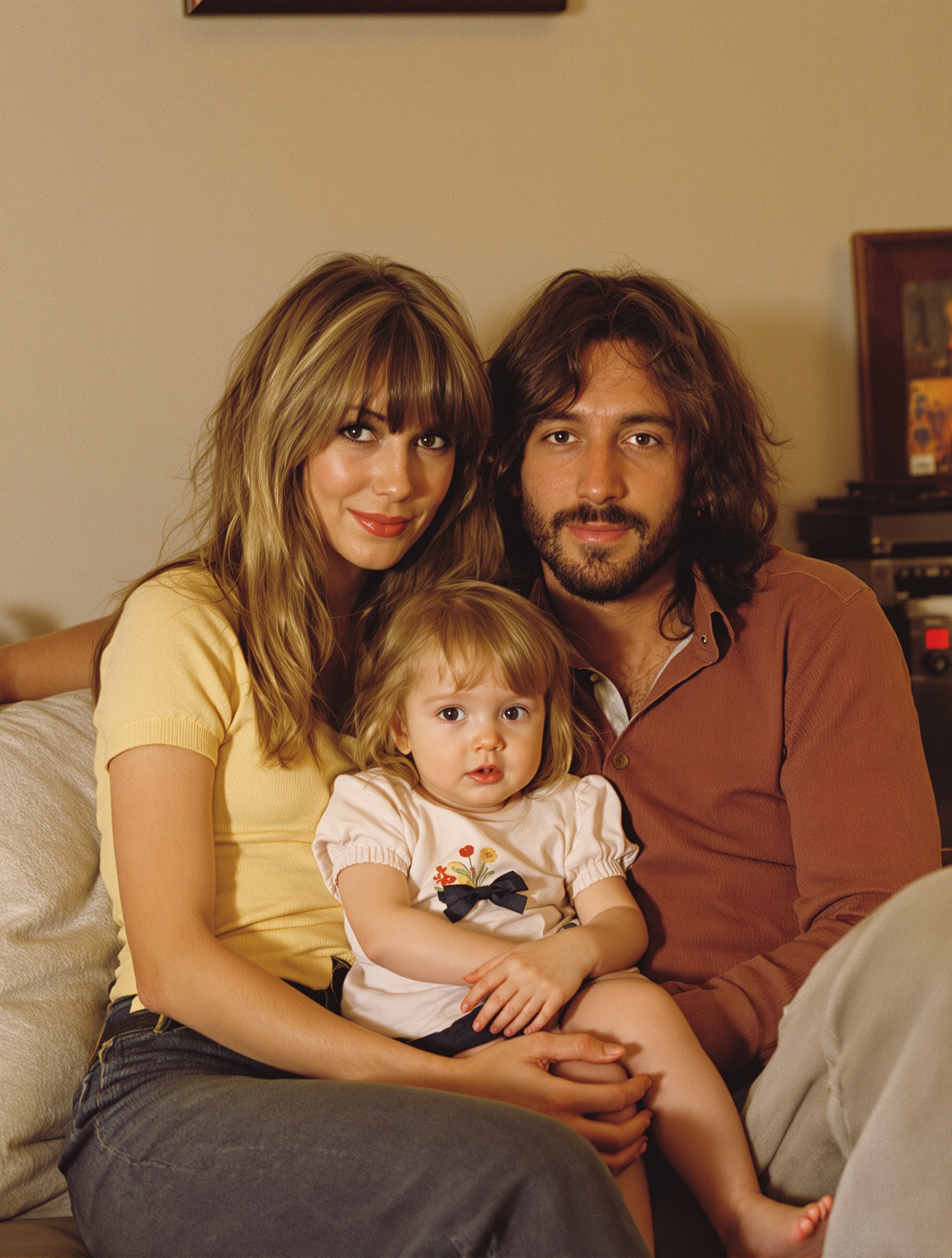 Jane Birkin et Serge Gainsbourg avec leur fille Charlotte, un portrait de famille iconique et tendre dans les années 70, illustrant leur amour et leur héritage.