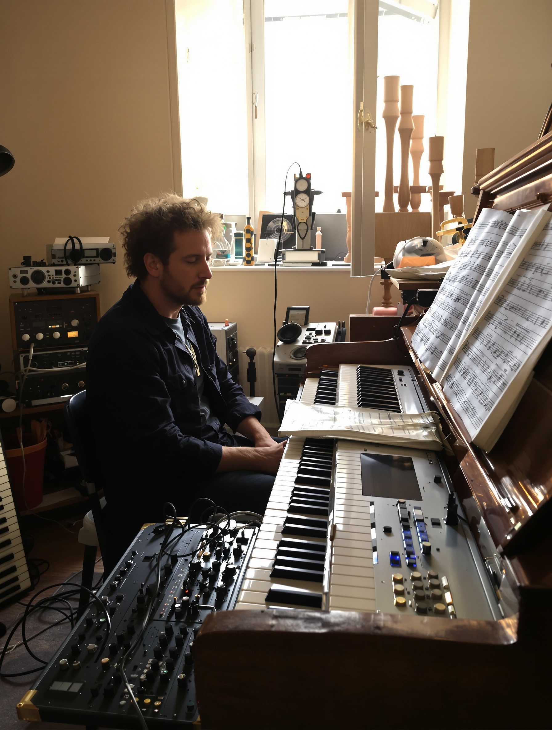 John Deacon chez lui, instruments électroniques éparpillés, partition ouverte sur un vieux piano, lumière naturelle douce, ambiance paisible et studieuse