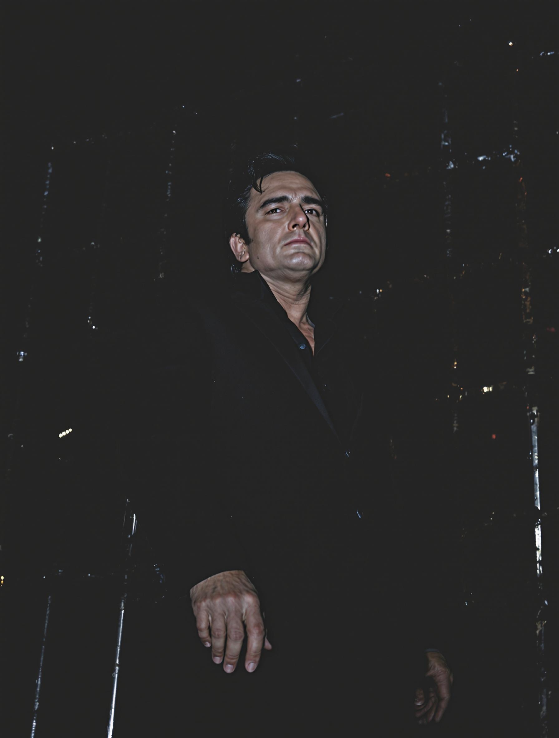 Johnny Cash sur scène, vêtu de noir, incarnant son charisme légendaire