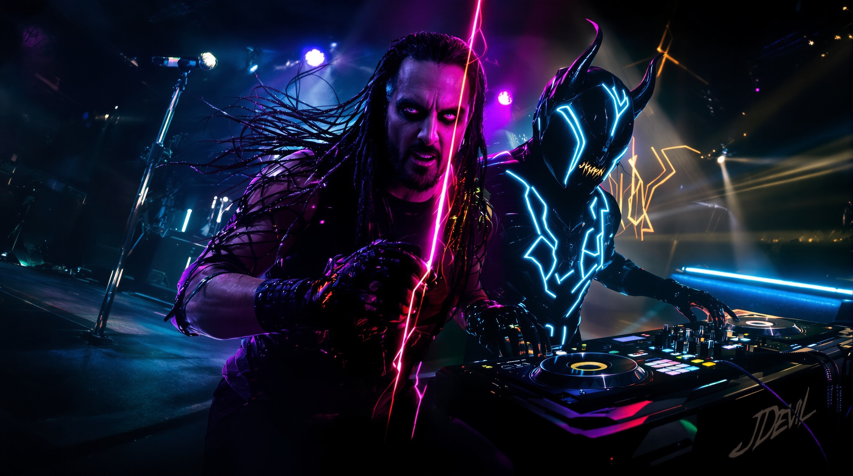 Montage artistique représentant Jonathan Davis dans ses différentes incarnations JD sur scène sombre énergique puis JDevil DJ électro ambiance nocturne.