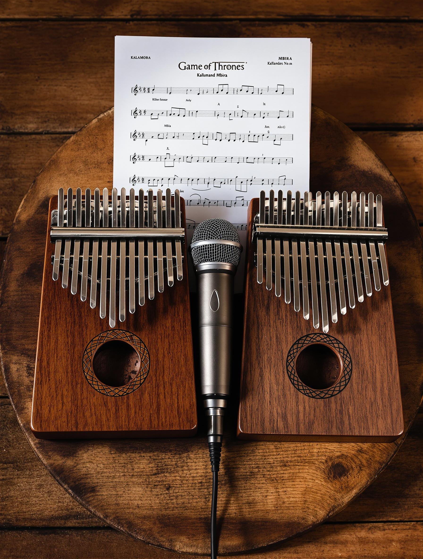 Photo d'un kalimba et d'une mbira alignés sur table de bois brut, microphone stéréo entre eux, partition stylisée Game of Thrones en arrière-plan.