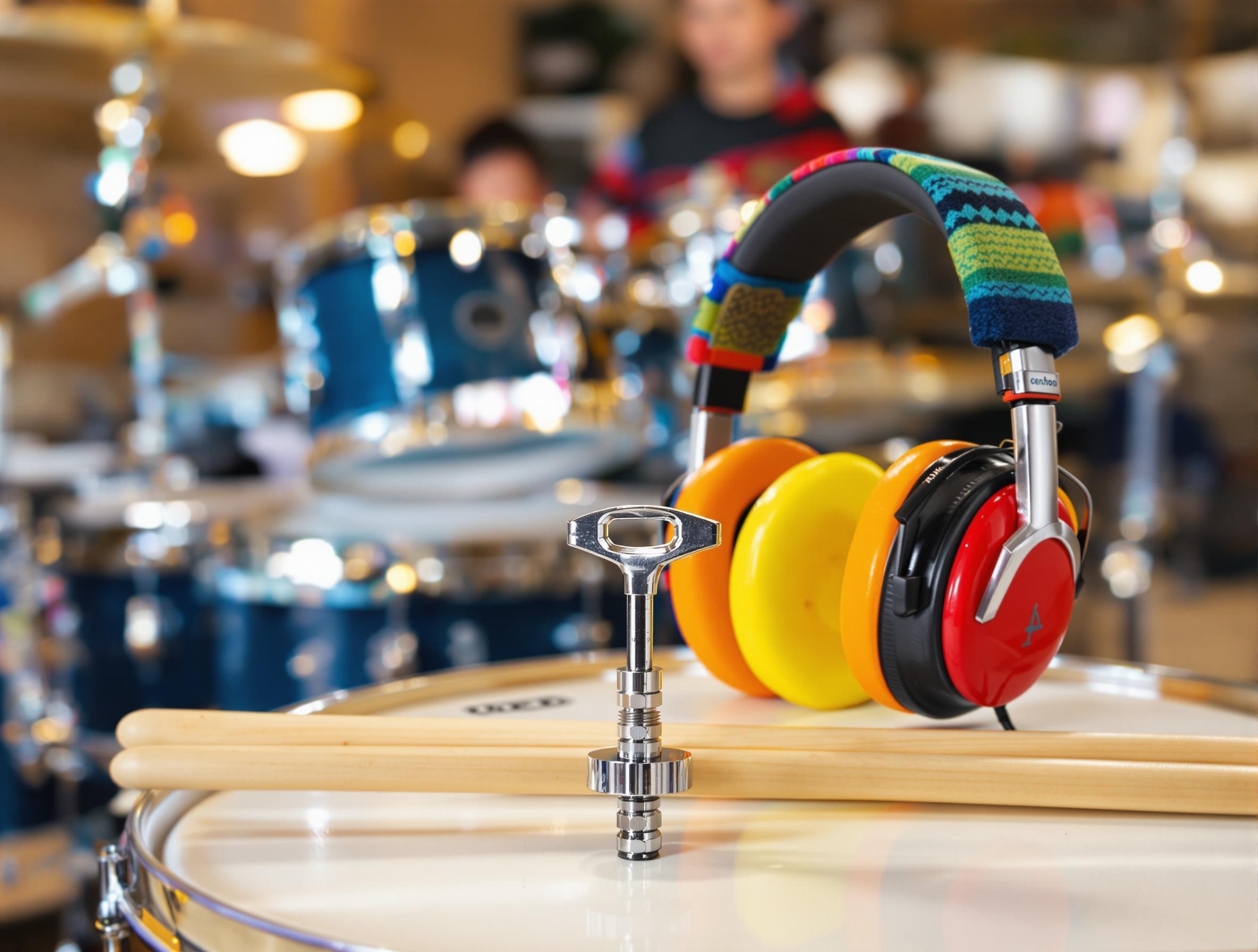 Accessoires pour batterie junior : baguettes, casque et clé de serrage