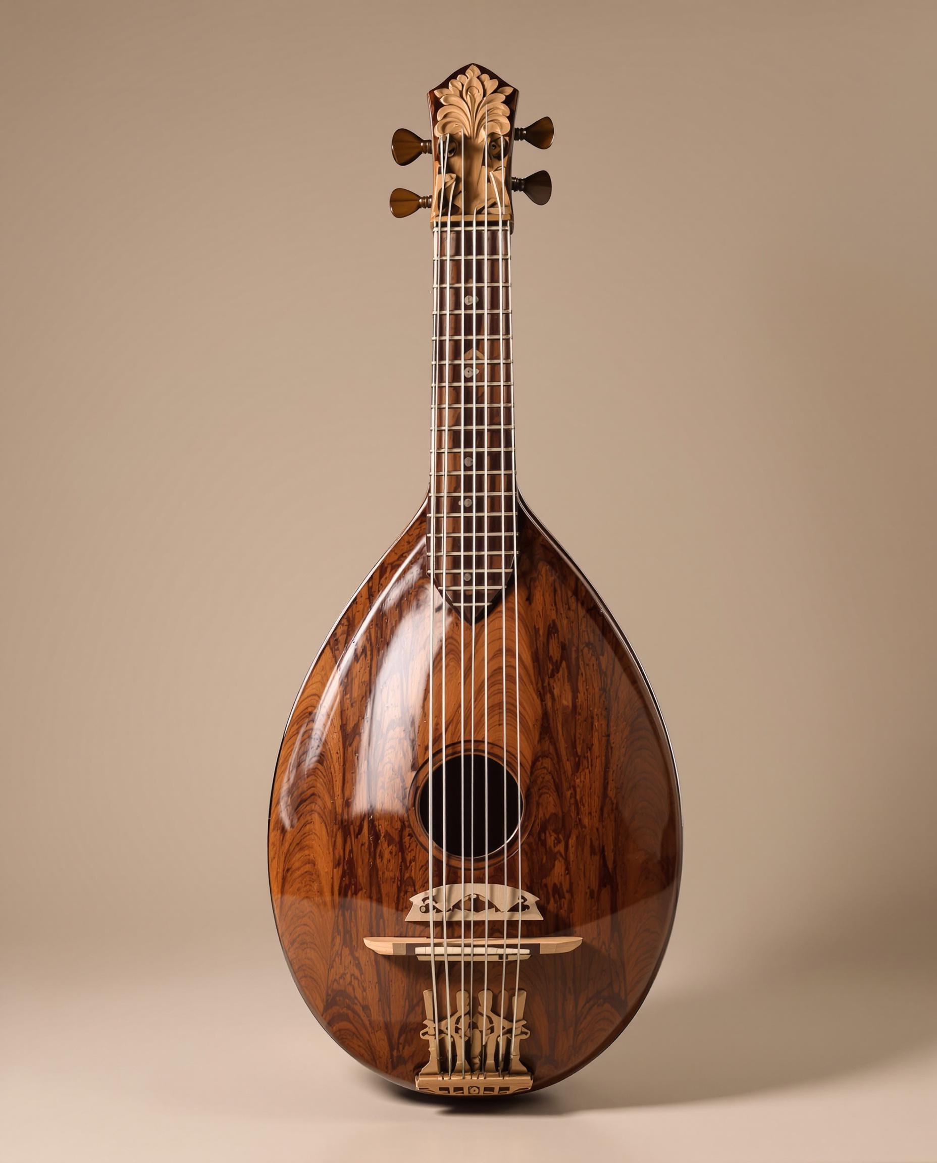 Kora mandingue traditionnelle vue de face : calebasse polie, chevalet sculpté, 21 cordes.