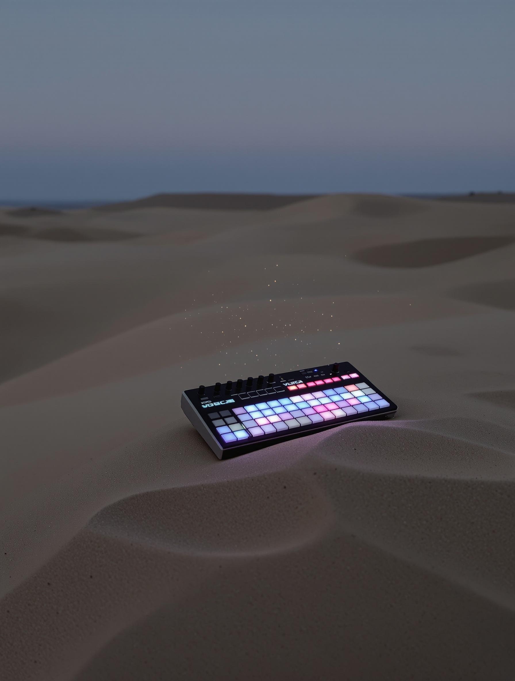 Volca Drum posé sur une dune au crépuscule, leds allumées, poussière soulevée.