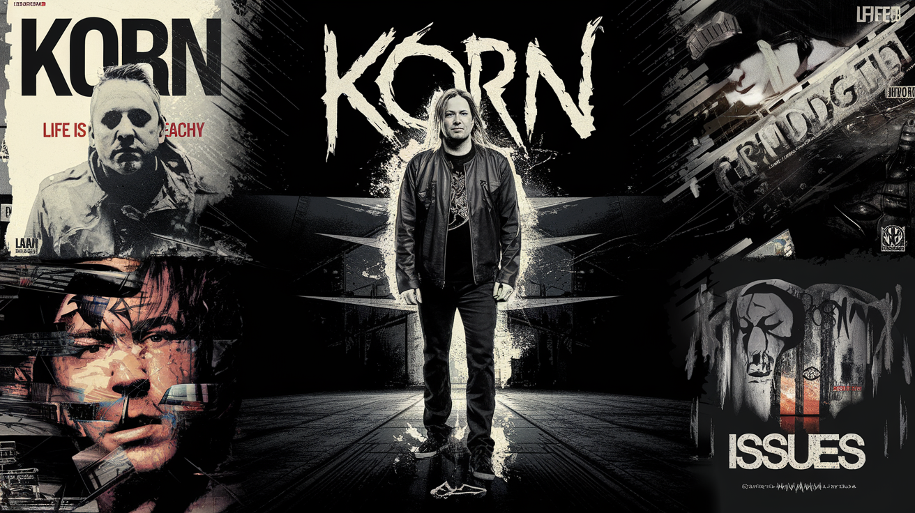 Représentation des pochettes d'albums iconiques de Korn, symbolisant leur parcours musical et l'influence de Jonathan Davis.