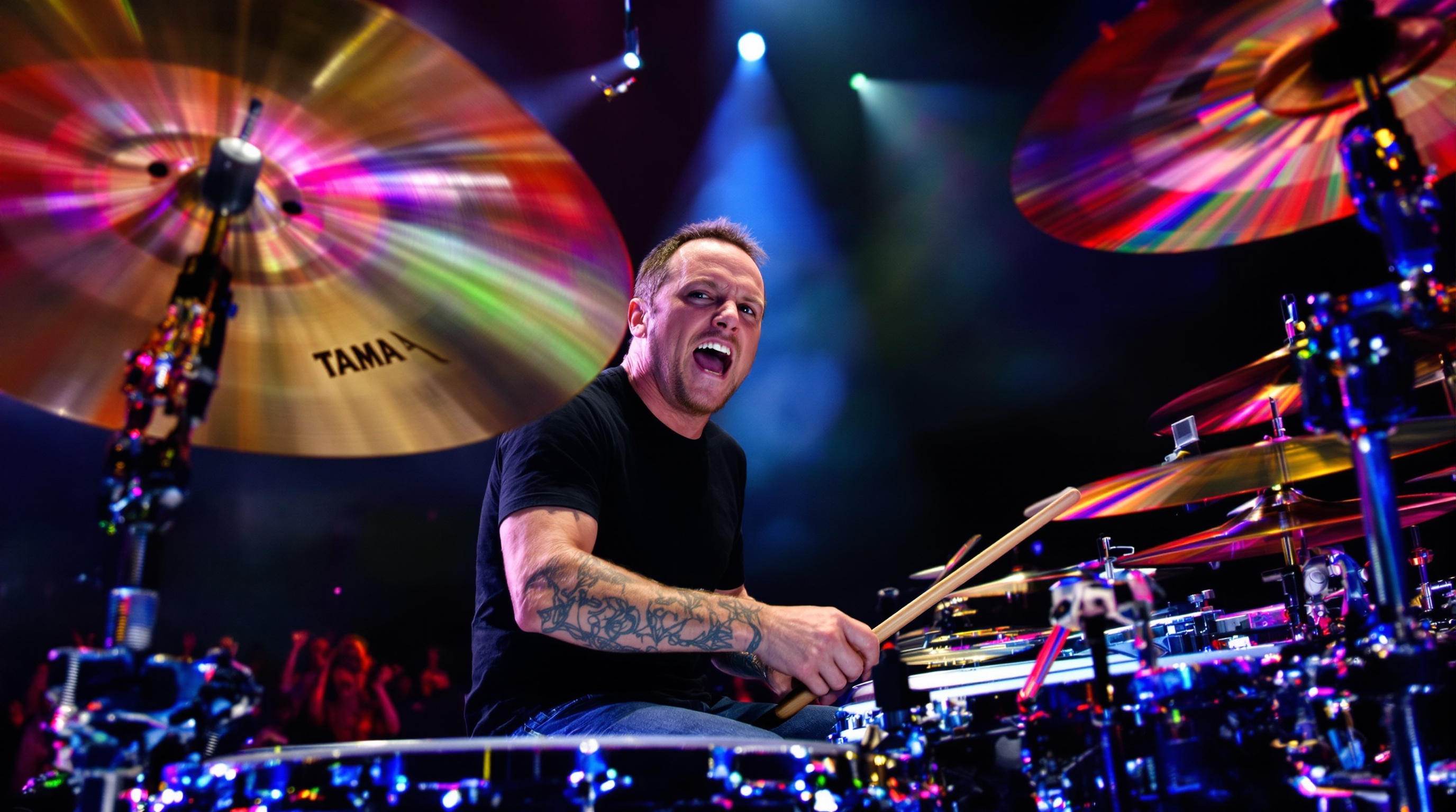 Lars Ulrich jouant sur sa batterie Tama en live avec Metallica