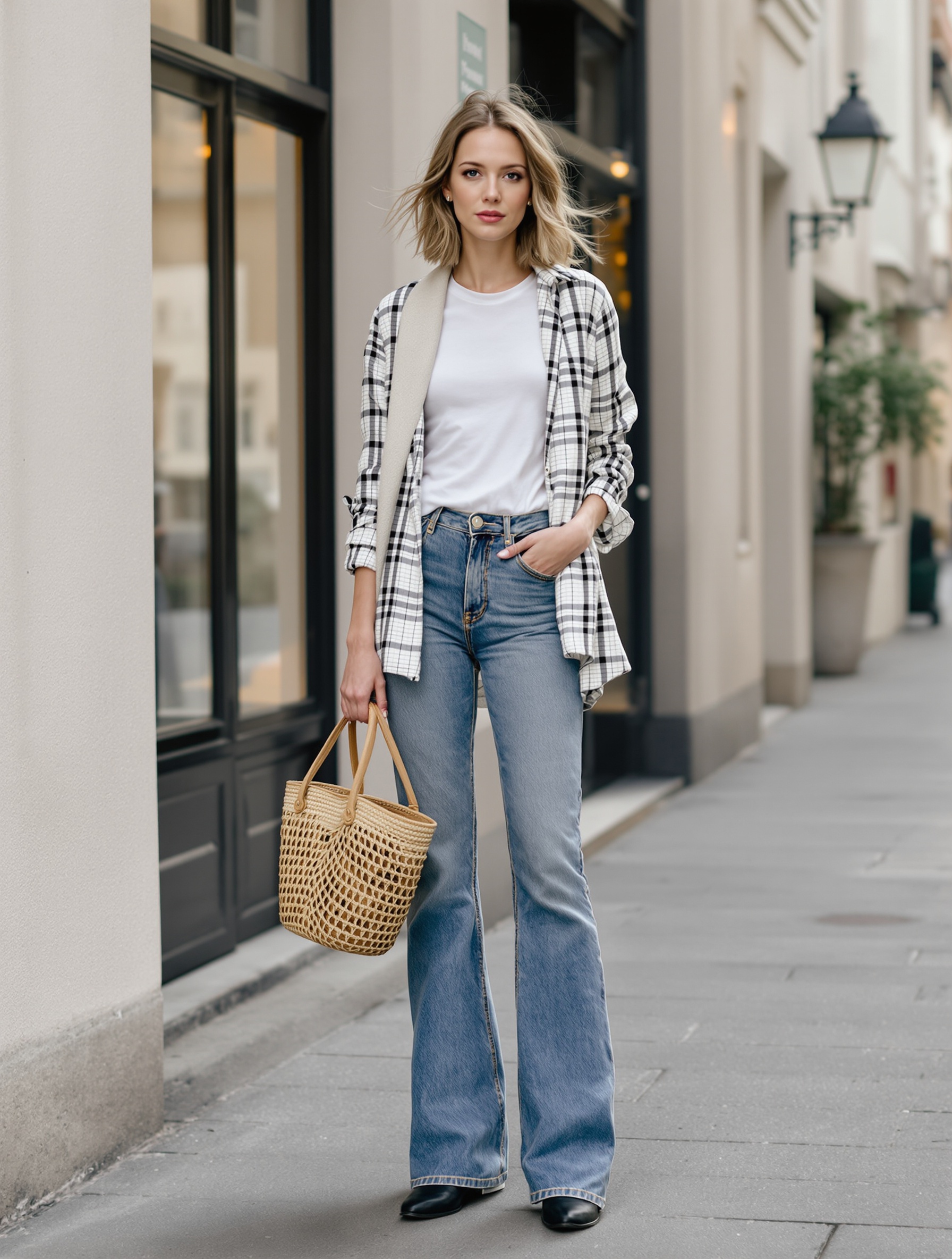 Look moderne inspiré de Jane Birkin jeune, jean flare vintage, t-shirt blanc, pull cachemire, chemise à carreaux ouverte, robe portefeuille vichy simple, panier osier
