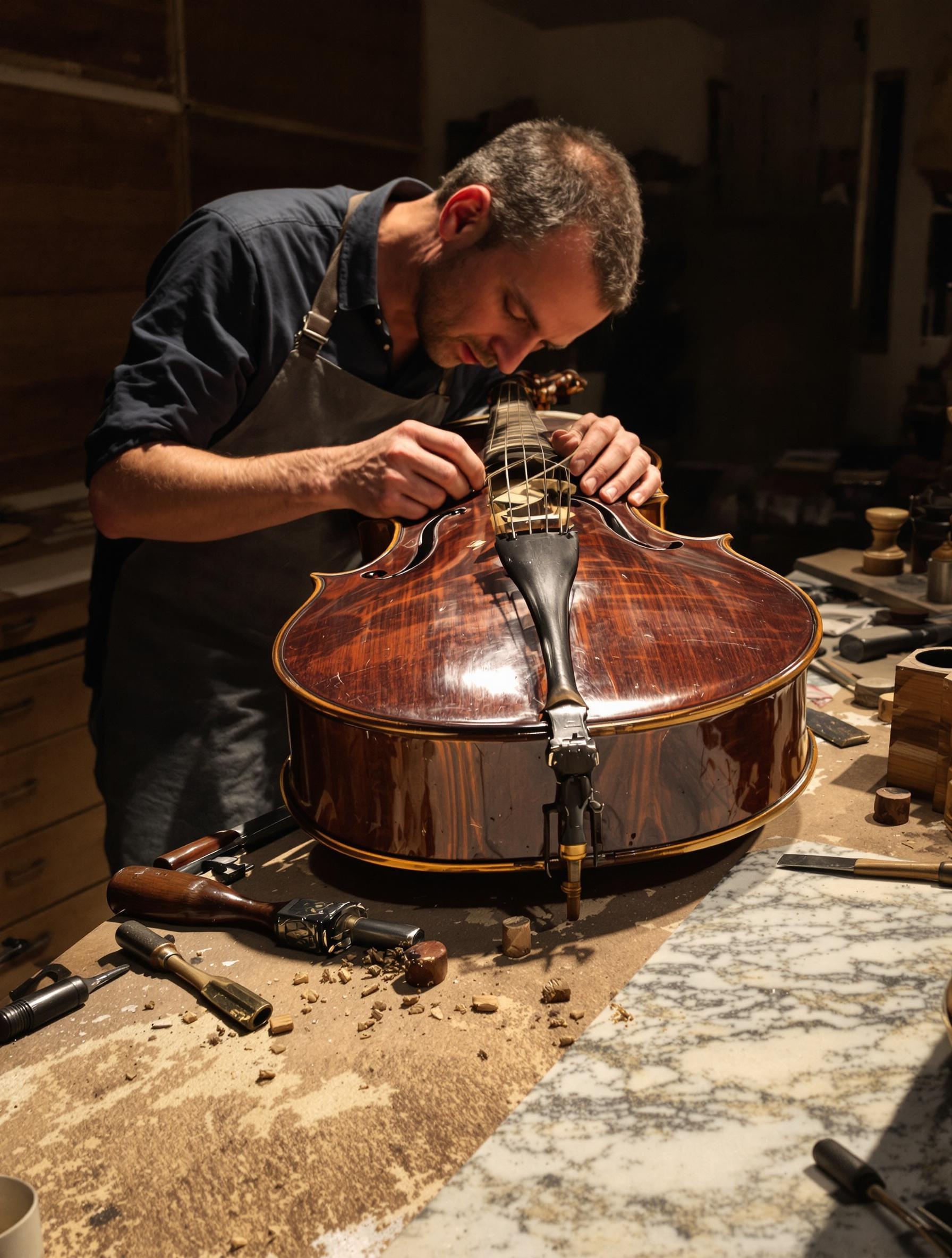 Expertise de violoncelle ancien sur marbre dans atelier de luthier