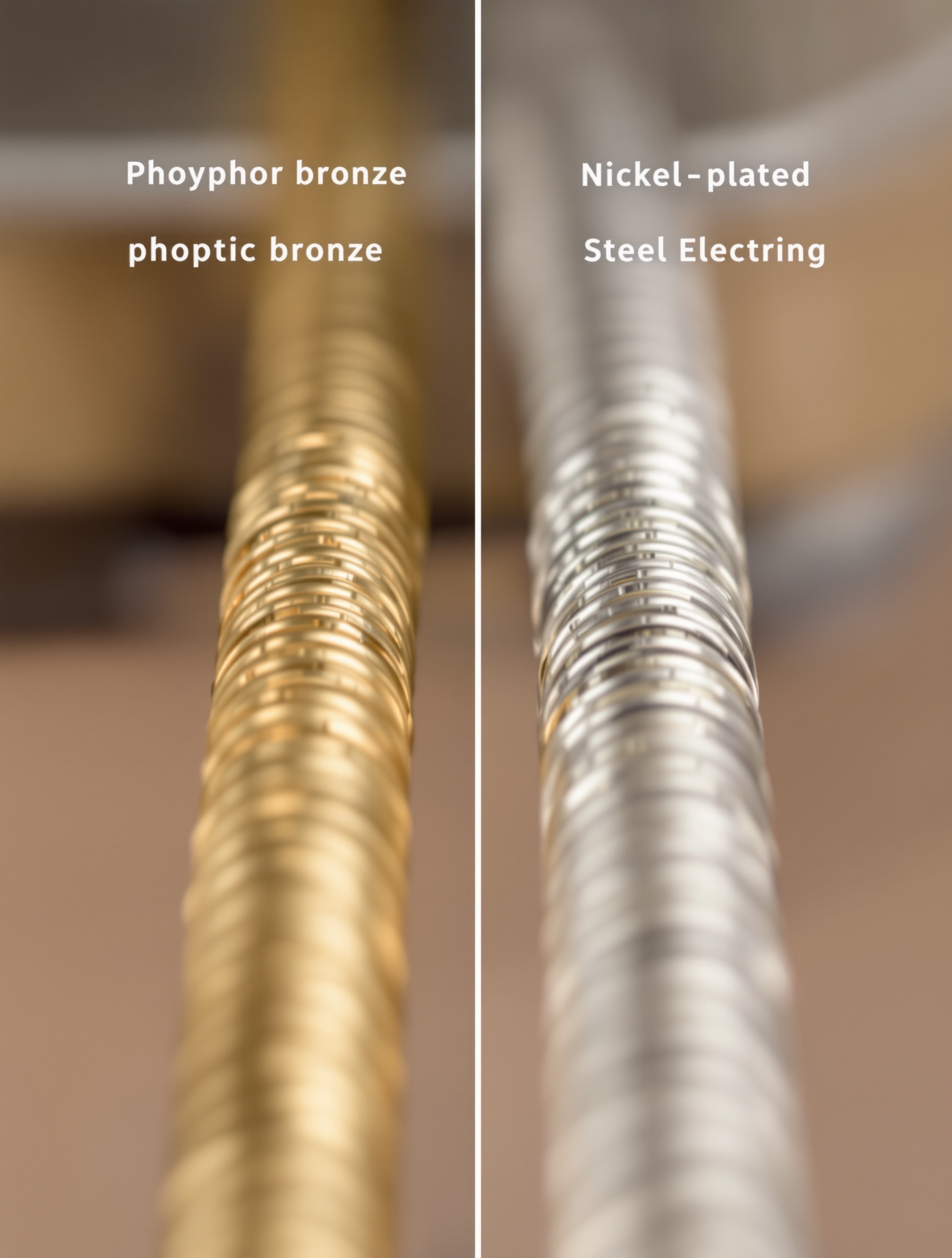 Plan rapproché - texture d'une corde de guitare acoustique en phosphore bronze comparée à une corde électrique en acier nickelé