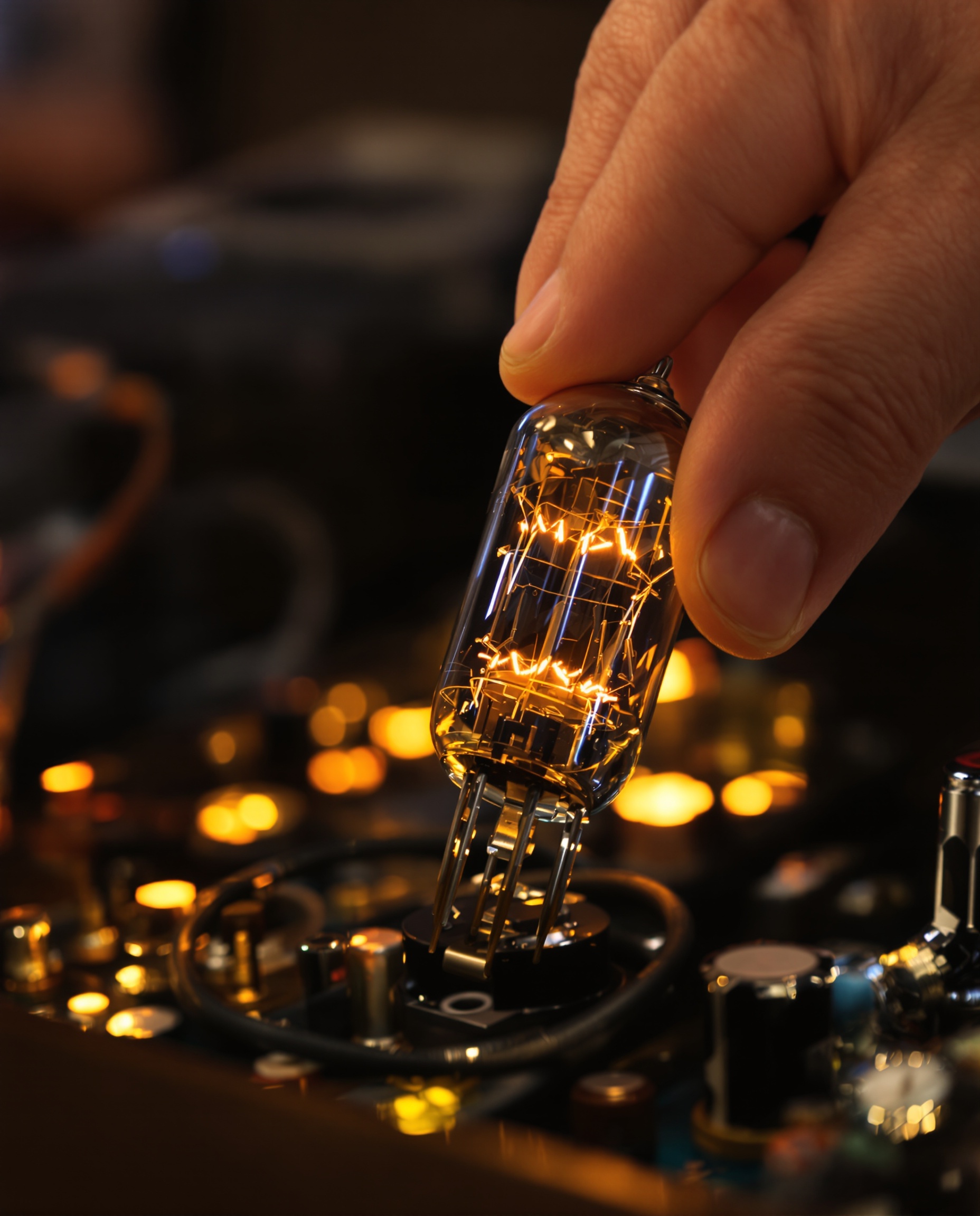 Macro photo d'une main changeant une lampe d'ampli vintage, atmosphère chaude, détails du verre et des broches
