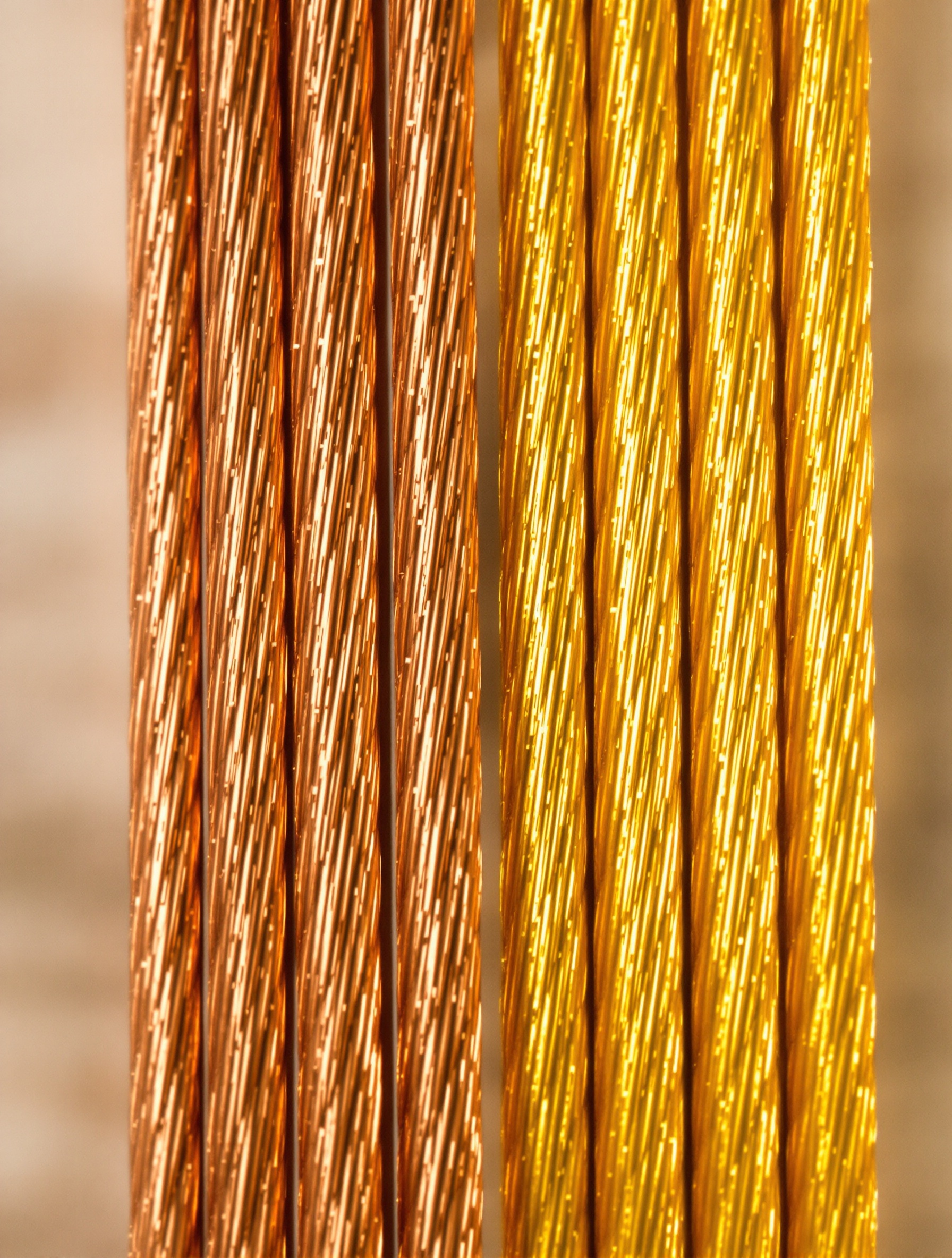 Macro différence visuelle entre une corde neuve en Phosphore Bronze (orangée) et en Bronze 80/20 (jaune doré)