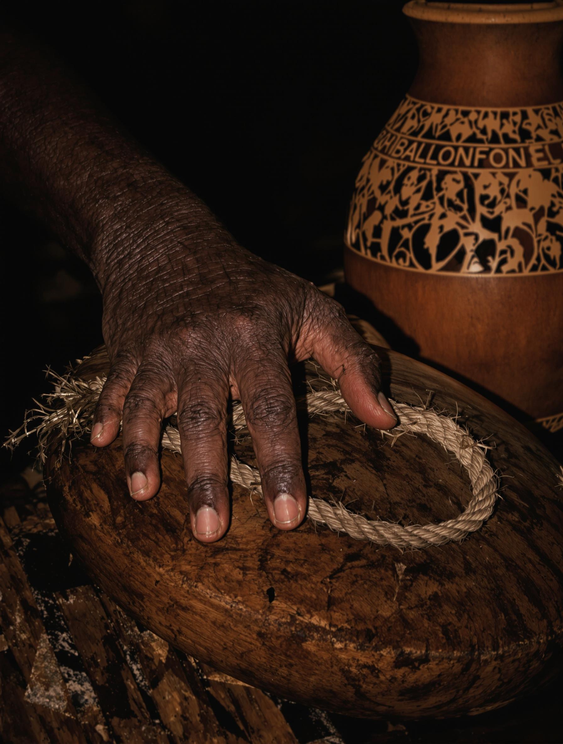 Main d’artisan sur balafon ancien, bois patiné et calebasse gravée