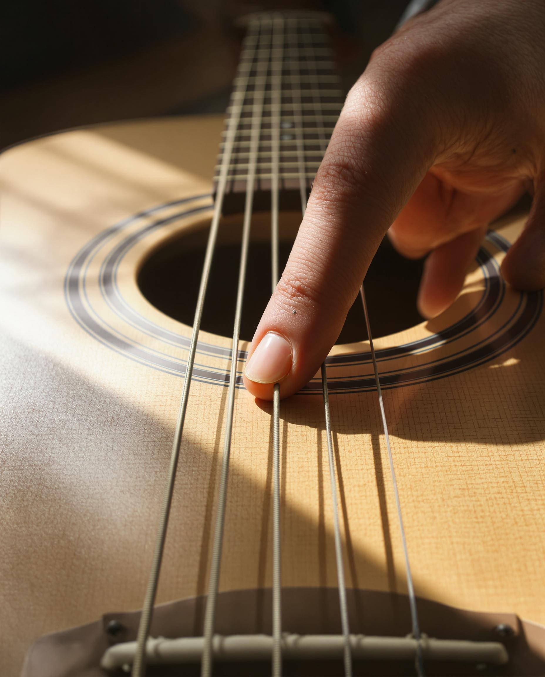Main effleurant les cordes d’une guitare en bois, évoquant inspiration et silence