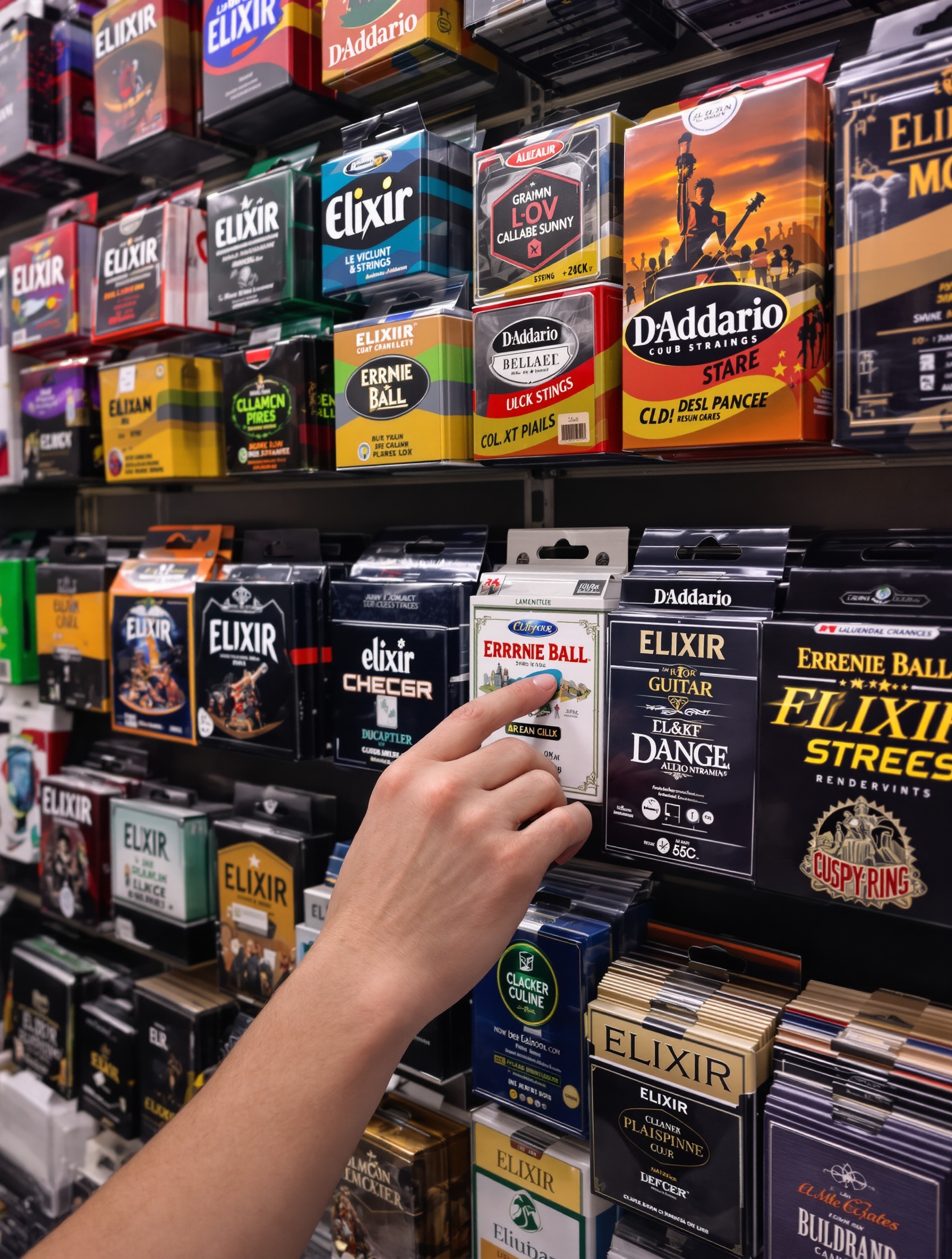 Une main de guitariste choisissant un jeu de cordes dans un présentoir mural bien fourni d'un magasin spécialisé. La lumière met en valeur la diversité des paquets de marques comme D'Addario, Ernie Ball et Elixir.