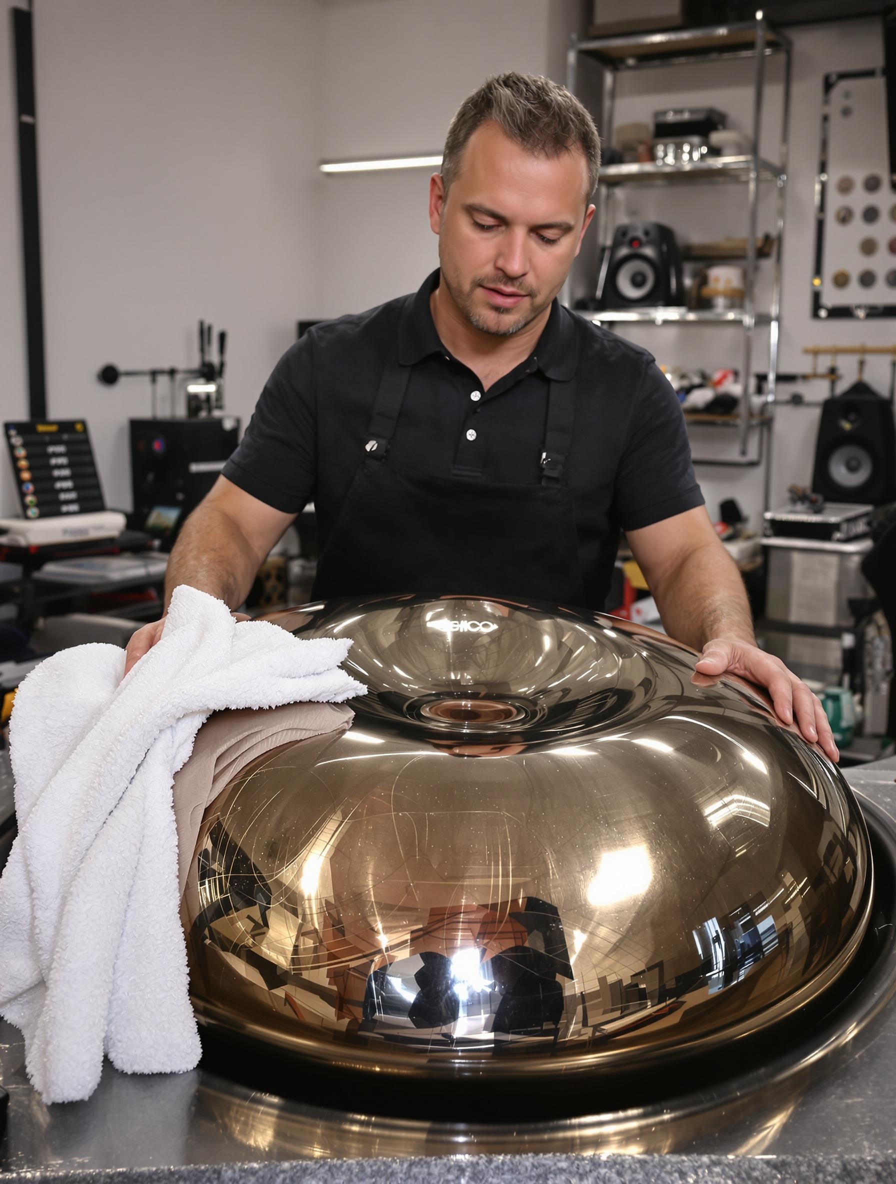 Main huilant soigneusement un handpan avec un chiffon doux