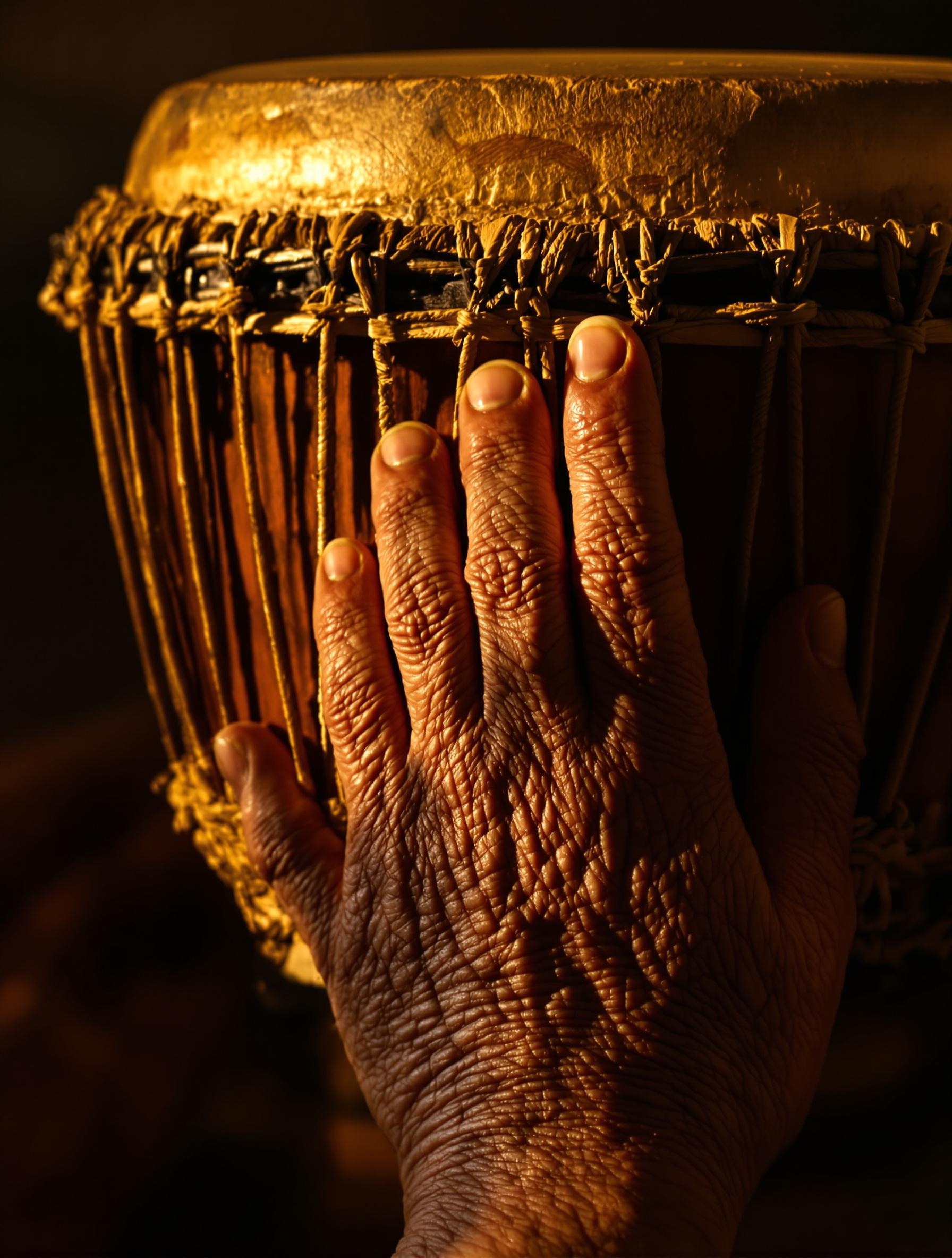 Main ridée caressant un vieux djembé sous lumière dorée