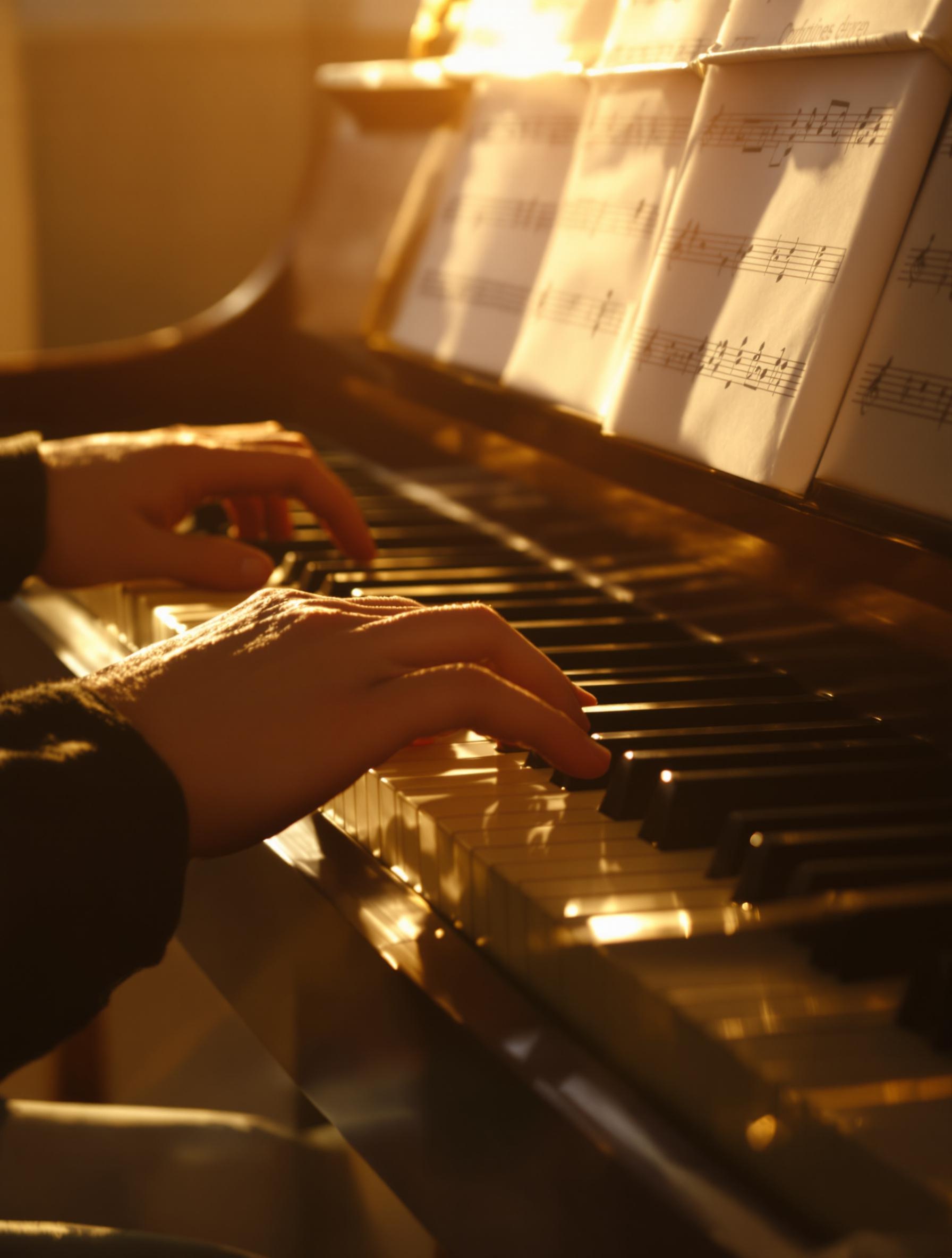 Mains jouant 'Comptine d'un autre été' au piano dans une lumière dorée.