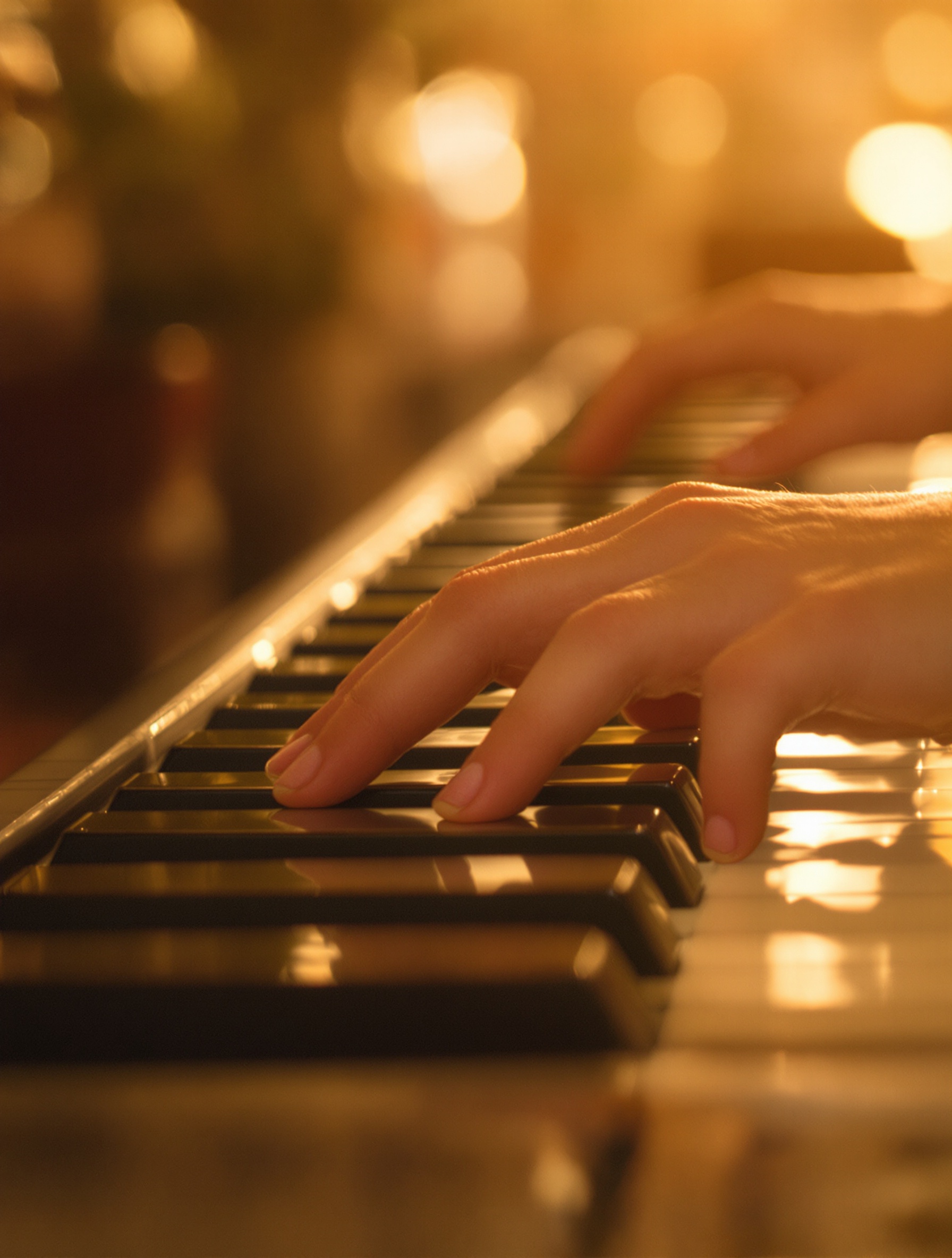 Mains sur un clavier de piano numérique dans la lumière douce du soir