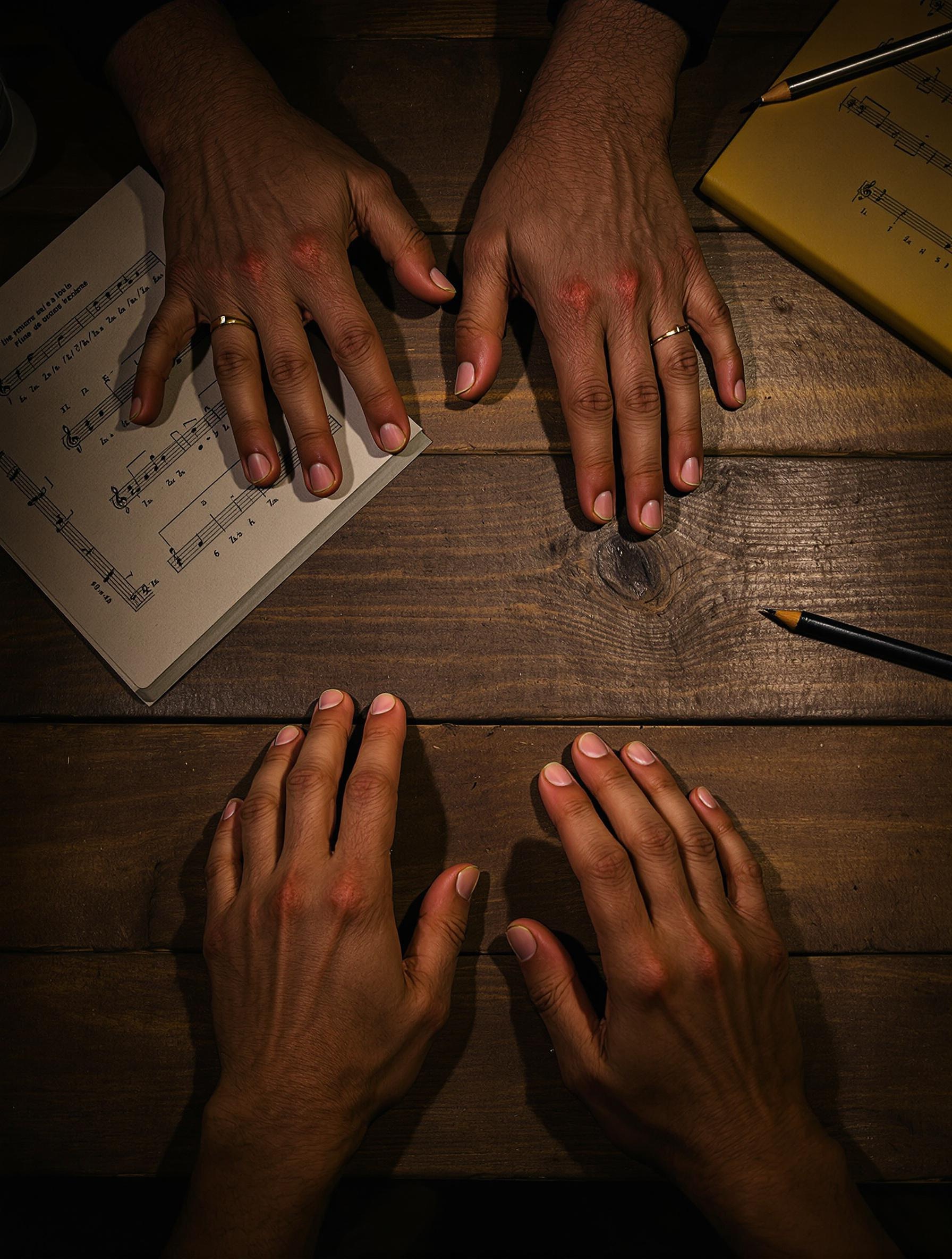 Trois paires de mains tapant sur une table, illustrant des exercices rythmiques en 6/8 et polyrhythmes.