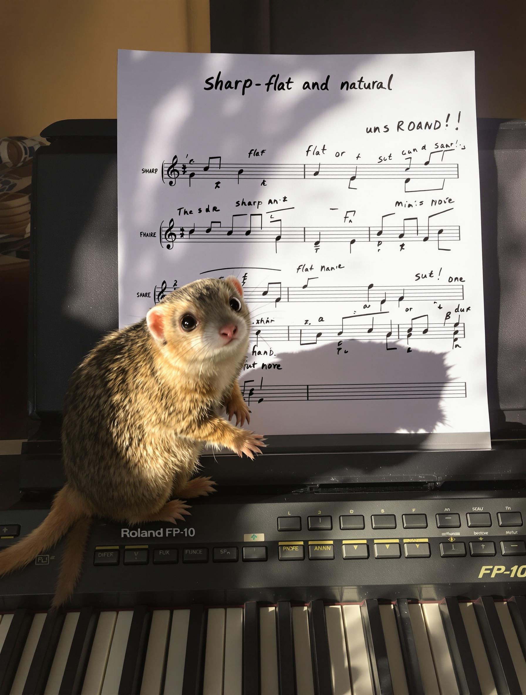 Mangouste posée sur un Roland FP-10 avec les symboles dièse, bémol et bécarre sur une partition.