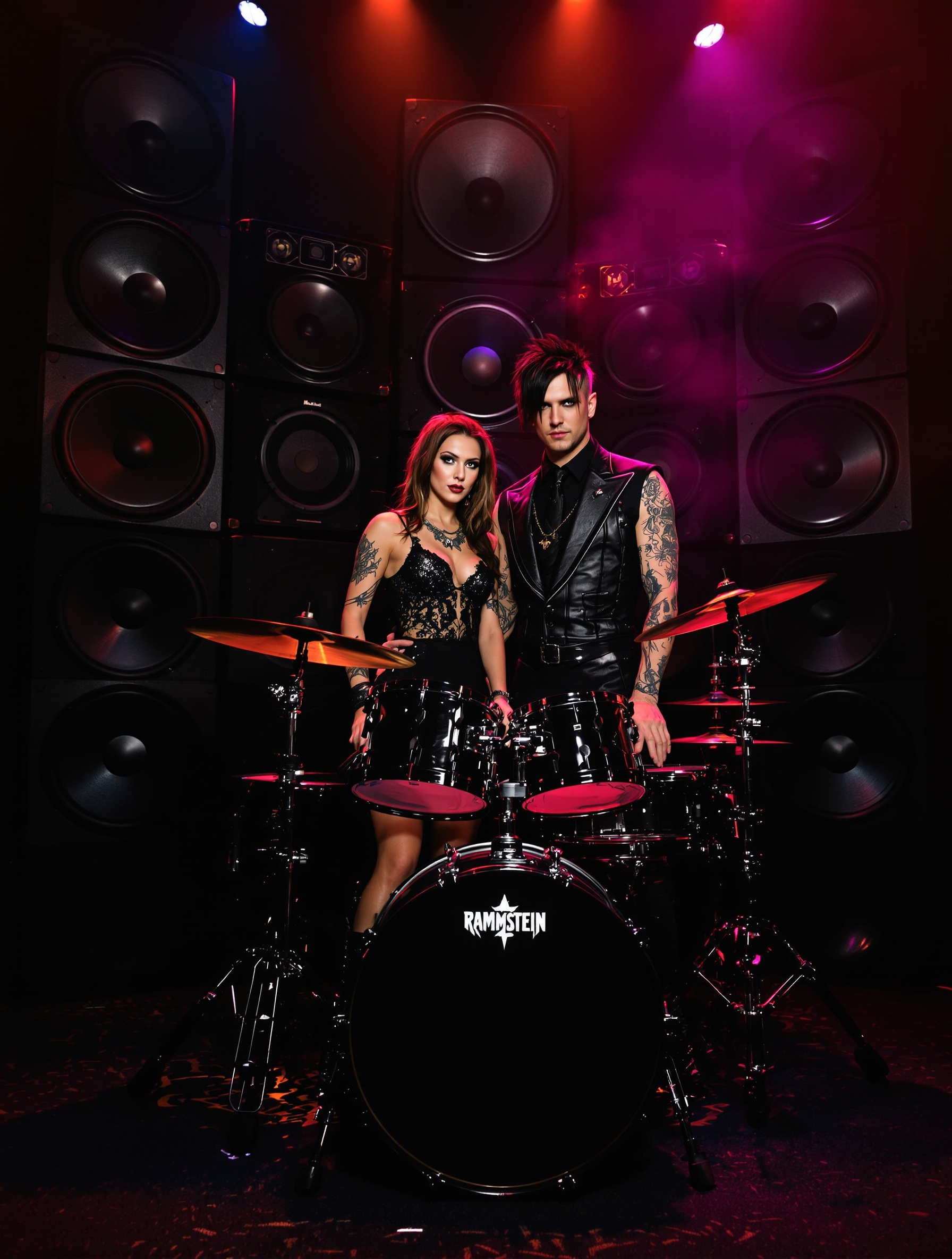 Couple alternatif devant une batterie Rammstein lors d’un mariage