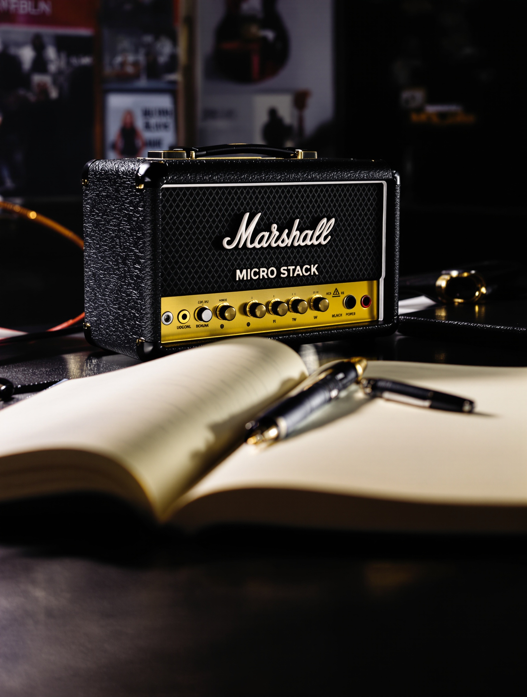 Marshall MS-2 Micro Stack posé sur un bureau à côté d'un carnet de notes
