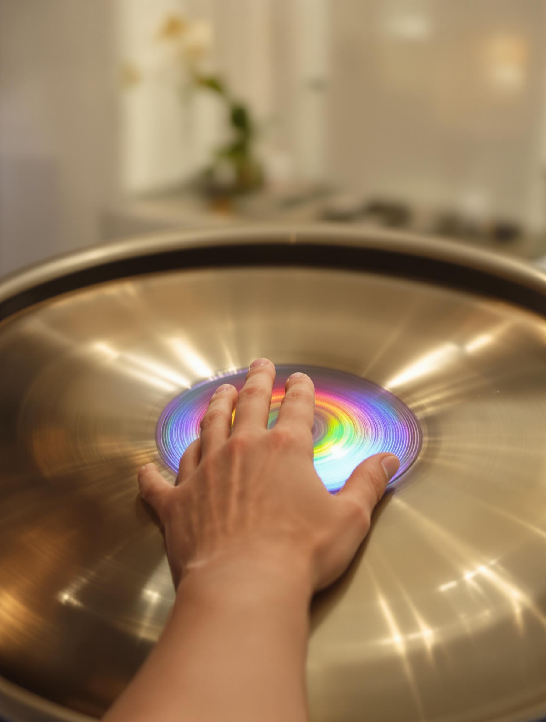 Scène méditation yoga main posée sur handpan tonefield vibrant