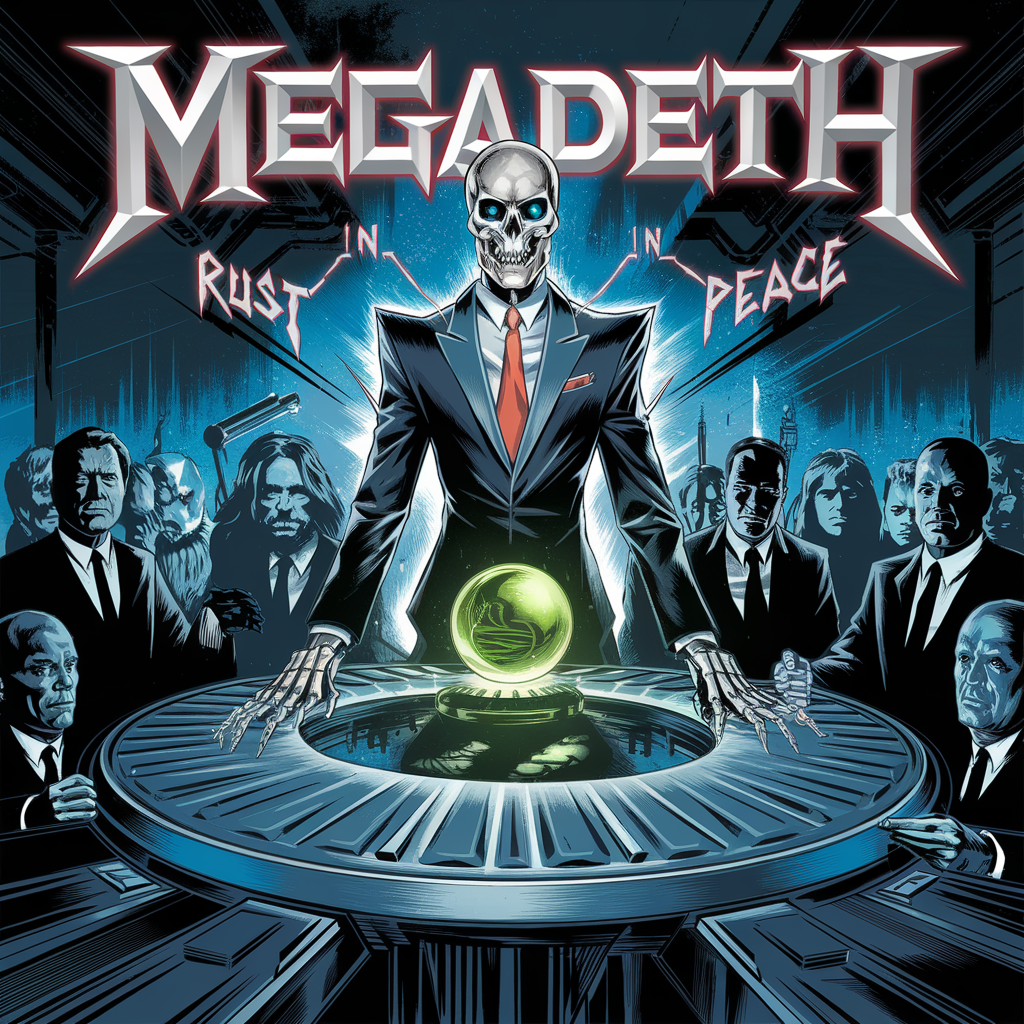 Illustration de la pochette de l'album Rust in Peace de Megadeth, symbolisant l'apogée du thrash metal.