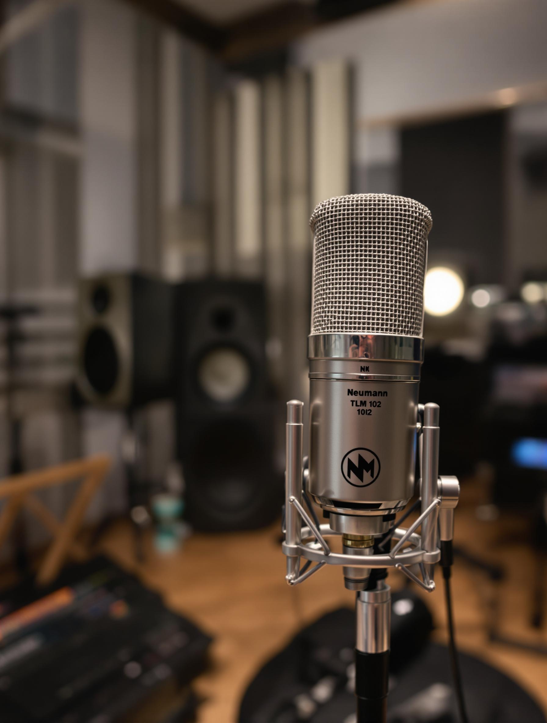 Micro statique Neumann TLM 102 sur pied en studio