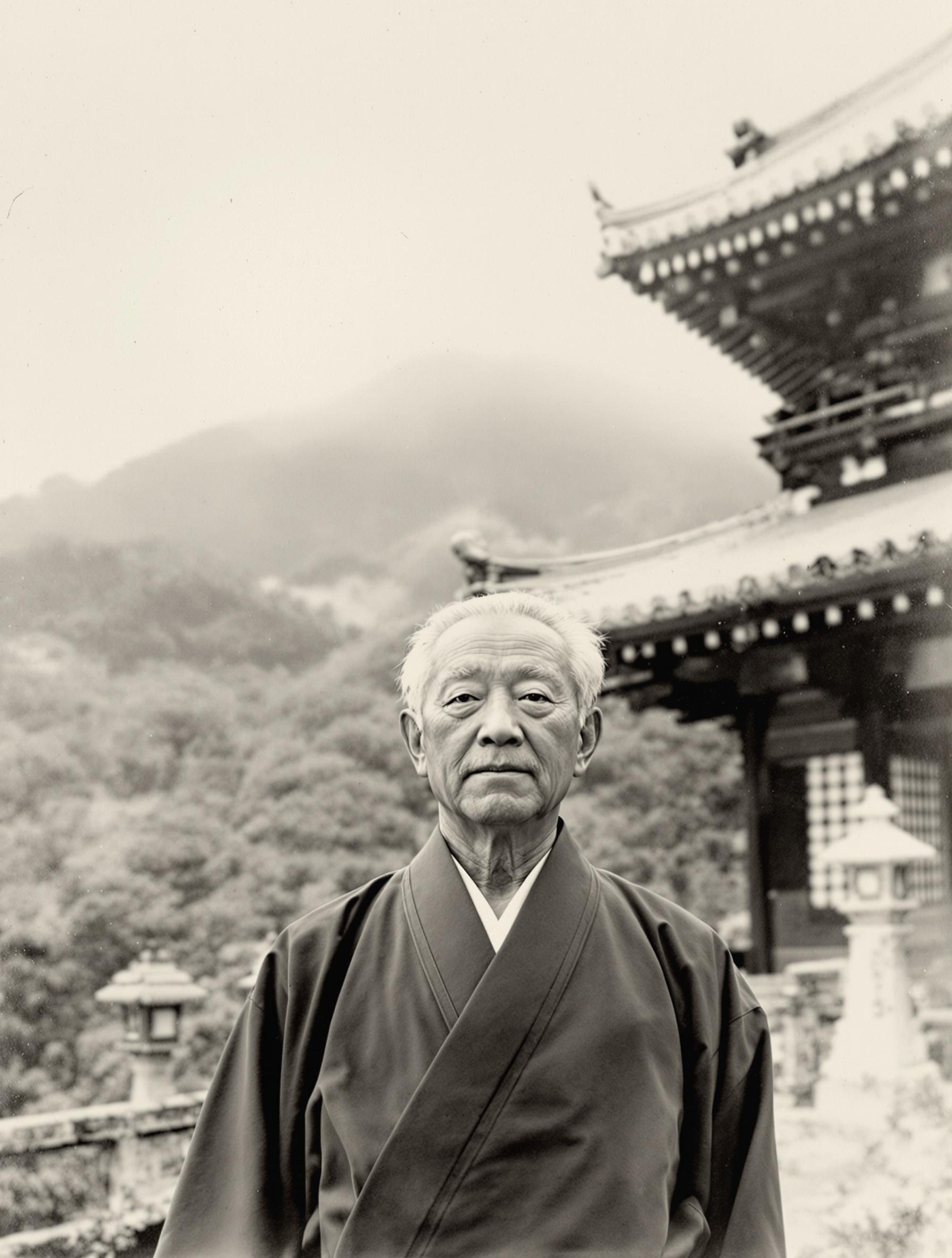 Mikao Usui devant un temple sur le Mont Kurama vers 1922, où il formalisa la méthode Reiki.