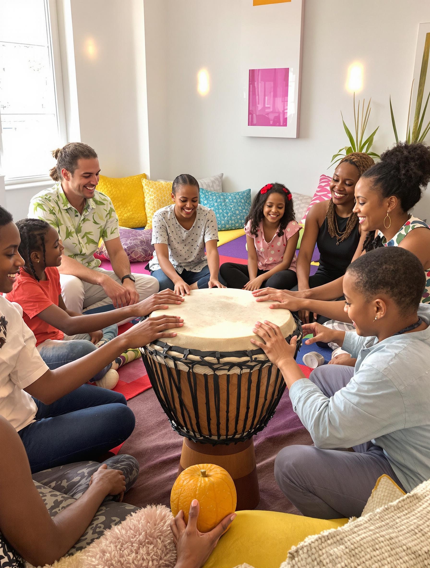 Atelier thérapeutique autour d’un djembé, adultes et enfants concentrés sur la peau tendue