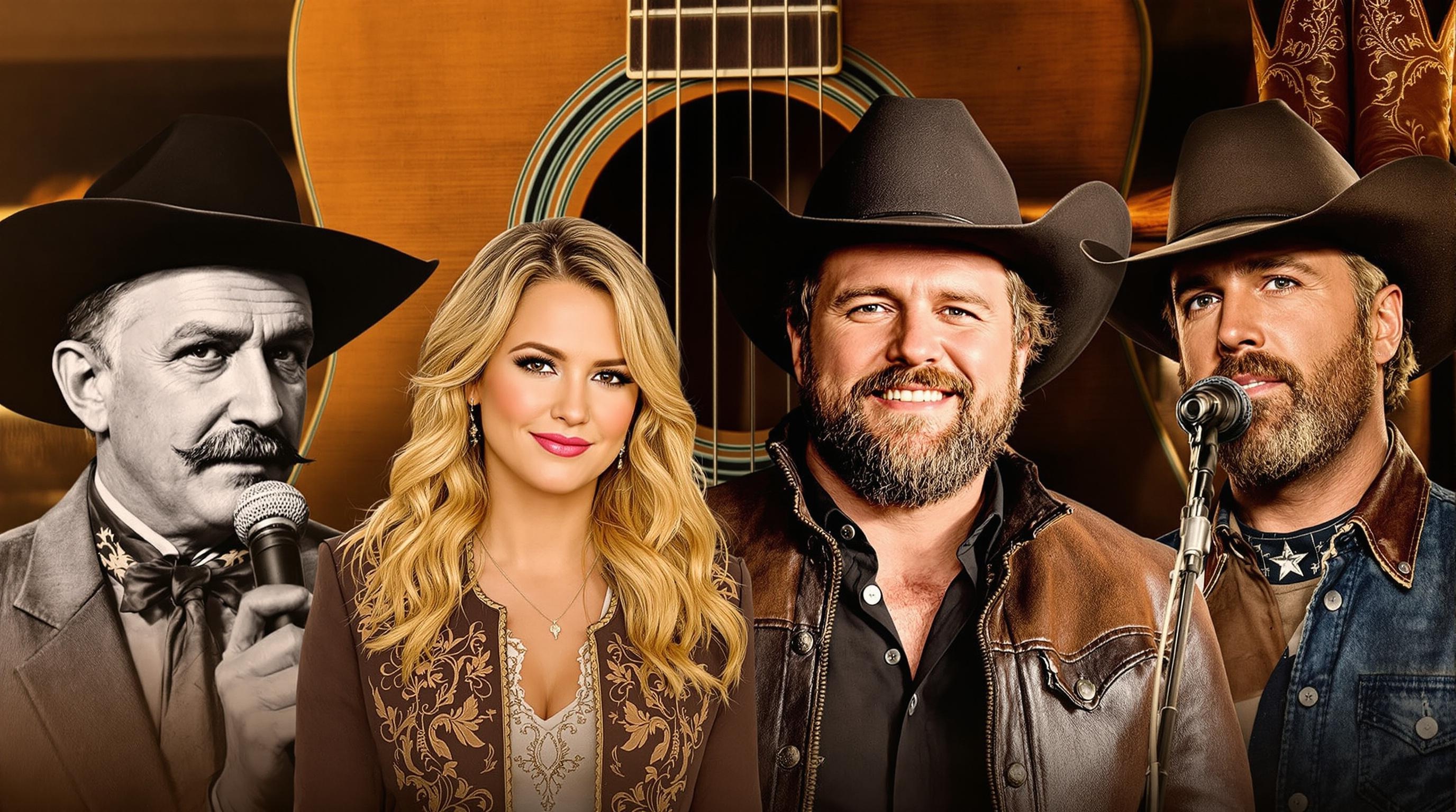 Montage d'icônes de la musique country : pionniers et stars modernes réunis, ambiance authentique