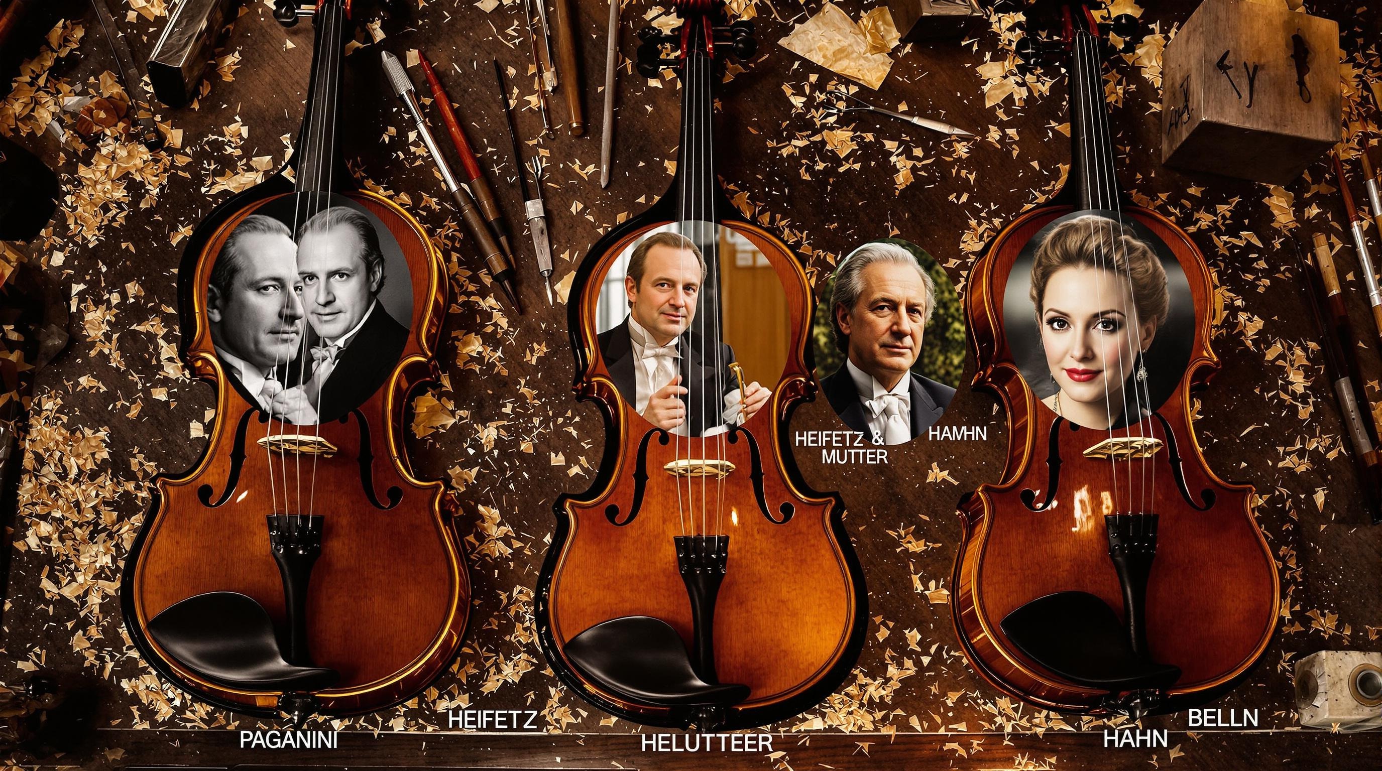 Montage de portraits noir-et-blanc et couleur de Paganini, Heifetz, Mutter, Bell et Hahn, disposés comme des F-holes sur une table d’atelier de luthier ; lumière chaude soulignant le vernis des violons.