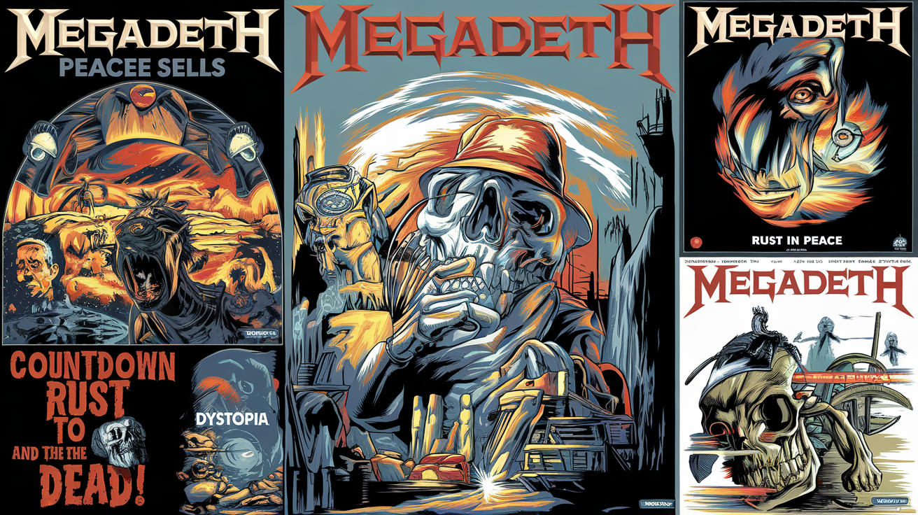 Mosaïque d'illustrations d'albums de Megadeth couvrant différentes époques.