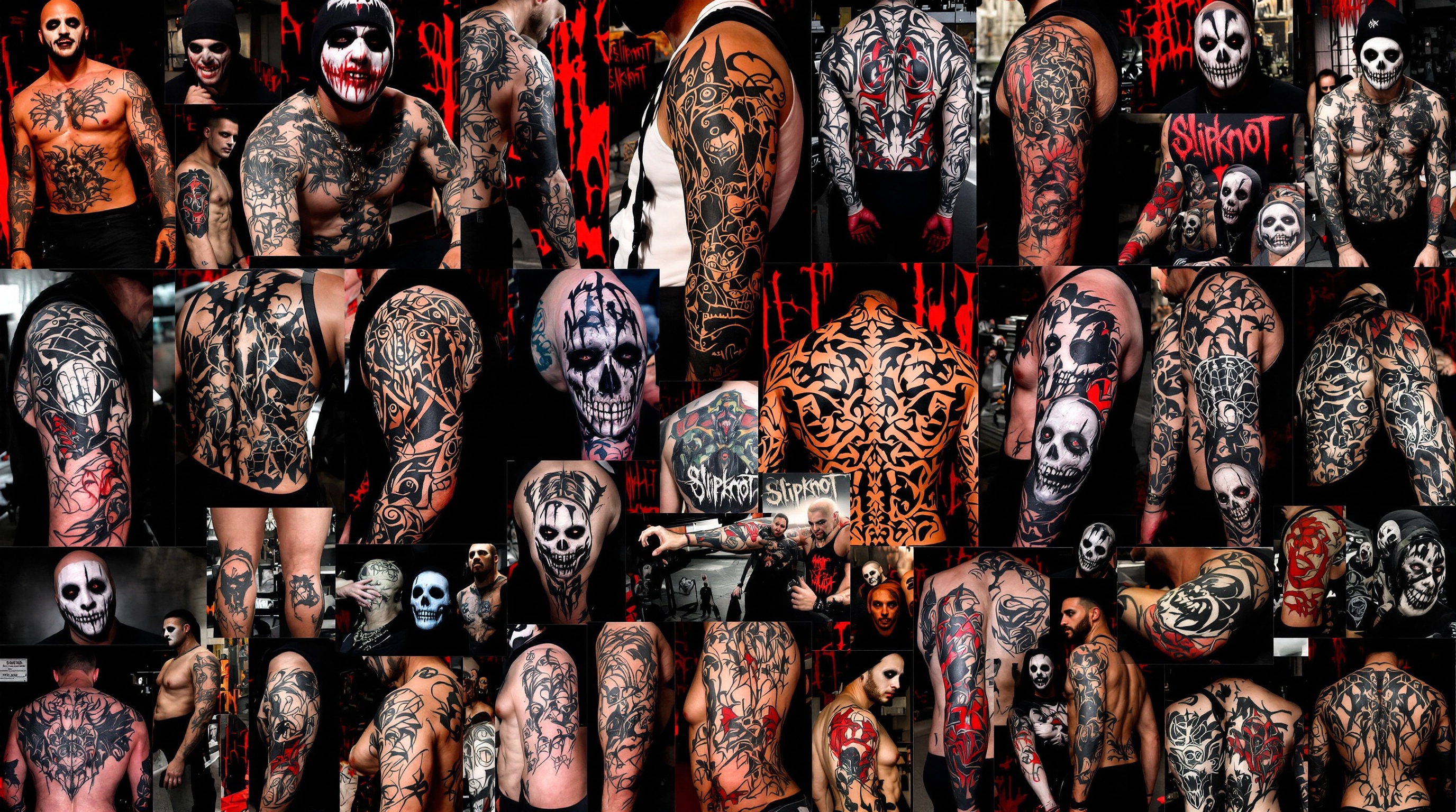 Mosaïque vibrante de fans Slipknot affichant fièrement des tatouages inspirés par Joey Jordison : visage masqué, motifs tribaux et symboles percutants. Diversité générationnelle et émotion palpable.