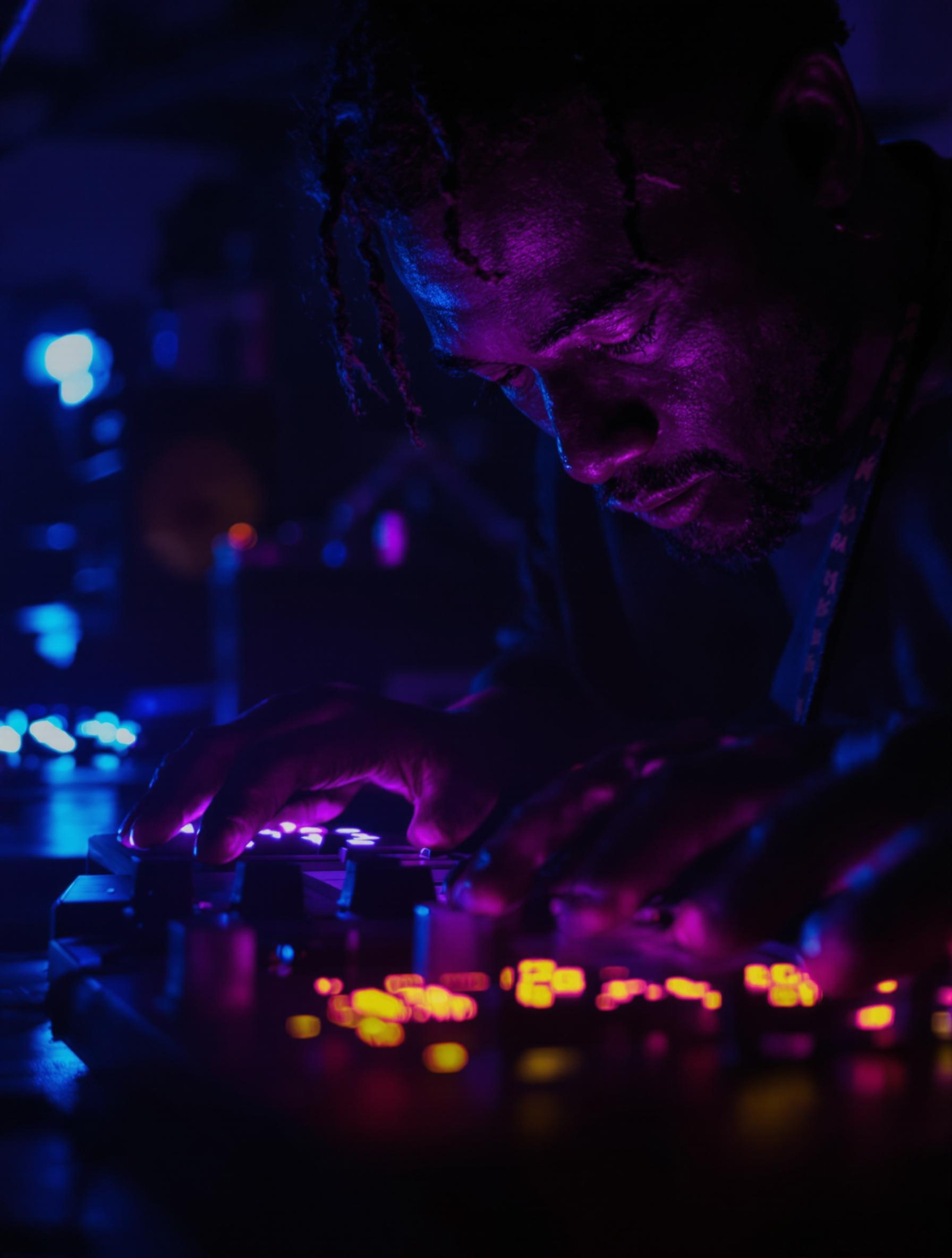 Un musicien concentré devant un métronome électronique dans une ambiance tamisée.