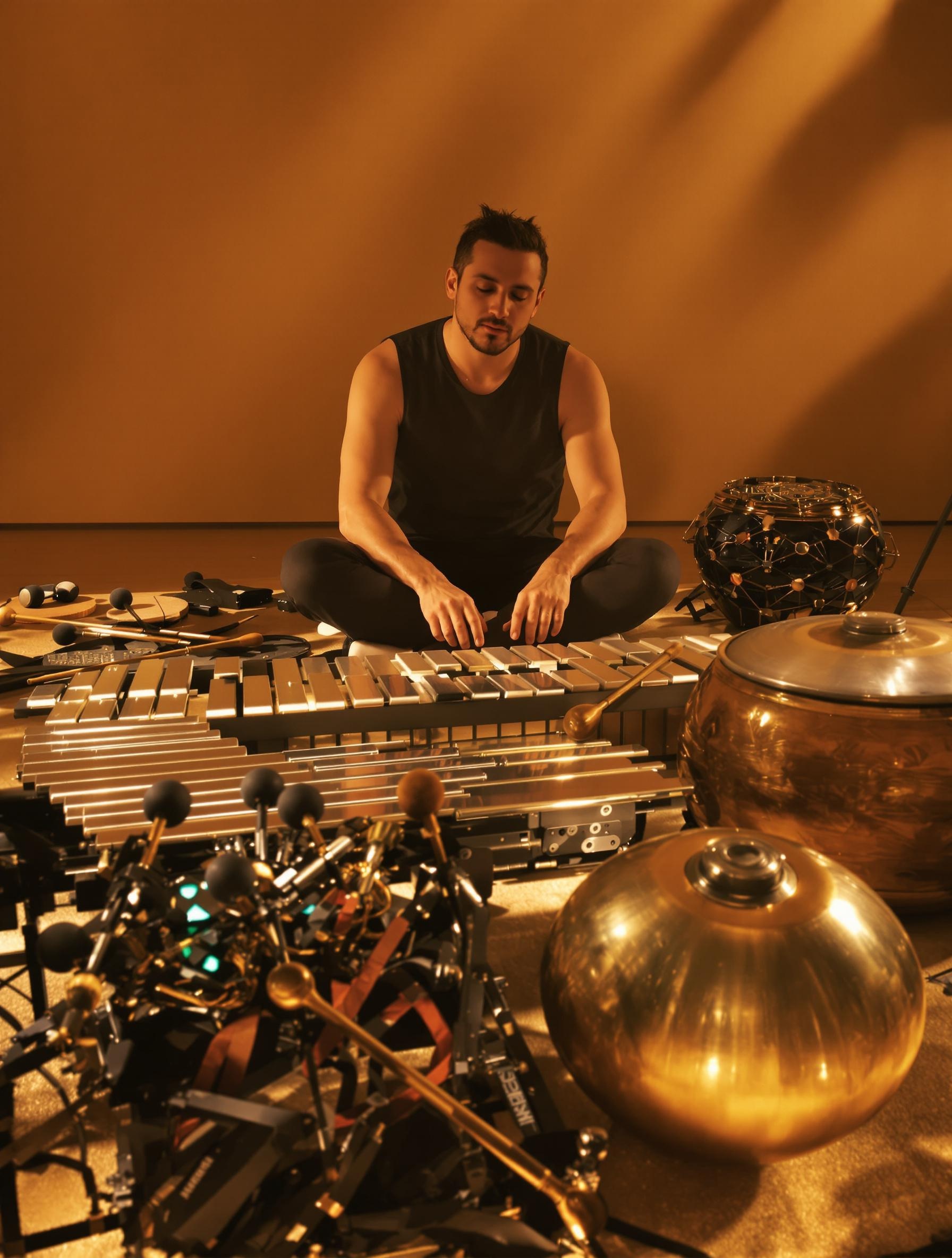 Musicien entouré d'instruments vibes en méditation sonore