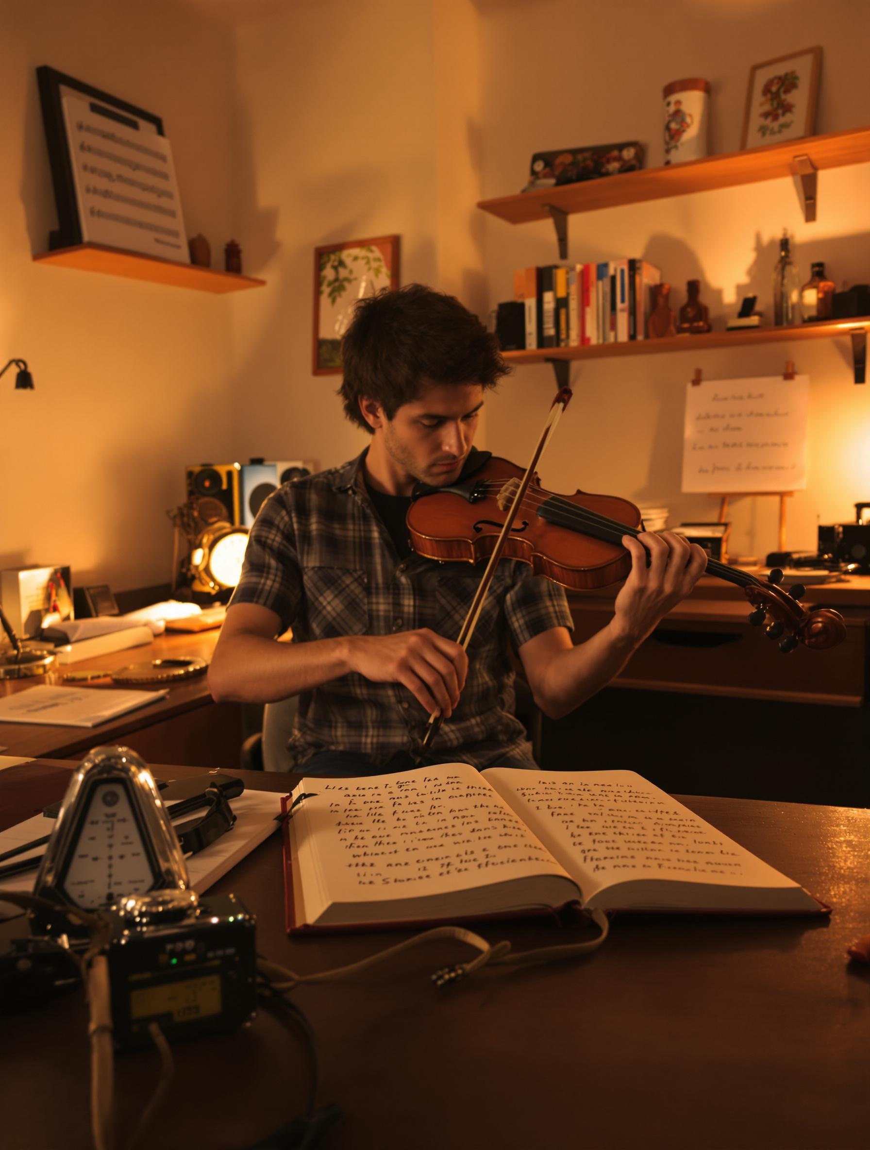 Musicien s'entraînant avec un métronome et un carnet de notes dans une ambiance chaleureuse.