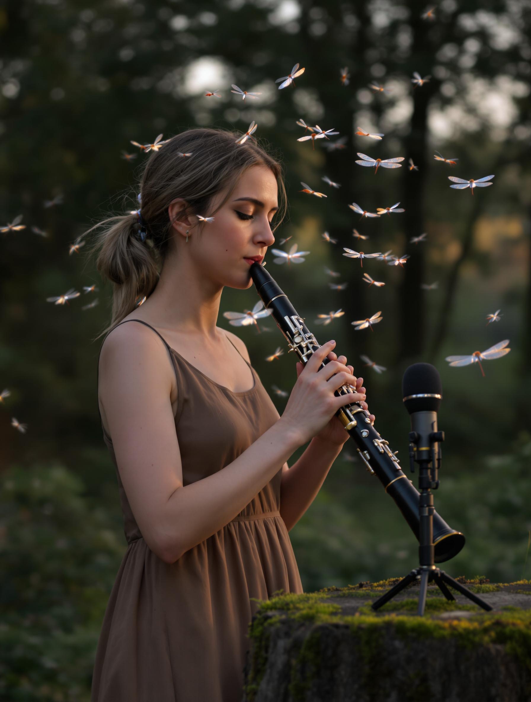 Musicienne soufflant dans un hautbois au crépuscule, libellules virevoltant autour, micro posé sur souche moussue.