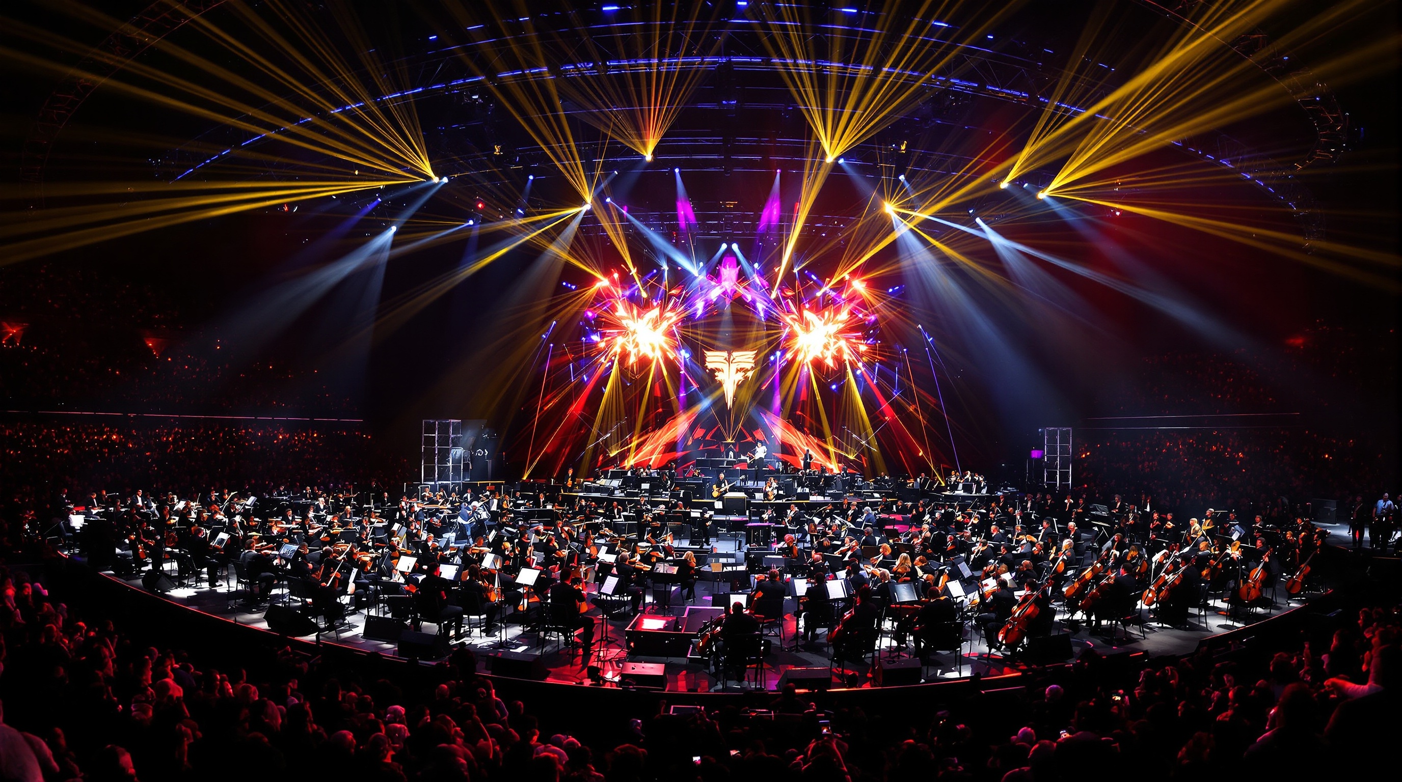 Orchestre philharmonique de Berlin sur scène avec les Scorpions, fusion rock et musique classique.