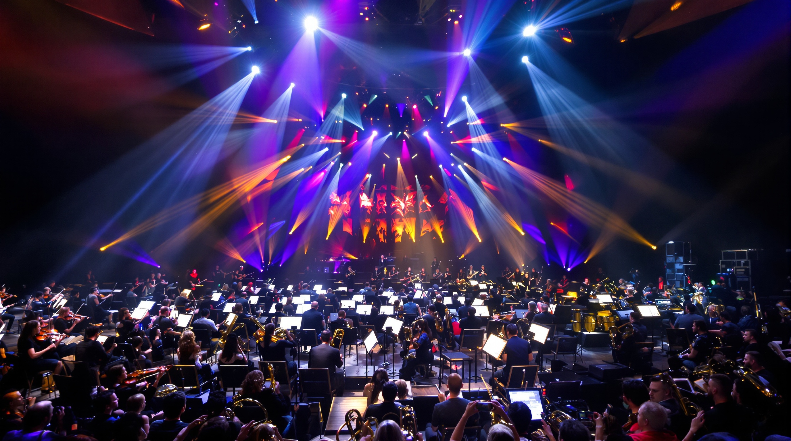 Orchestre metal symphonique sur scène fusionnant instruments classiques et électriques